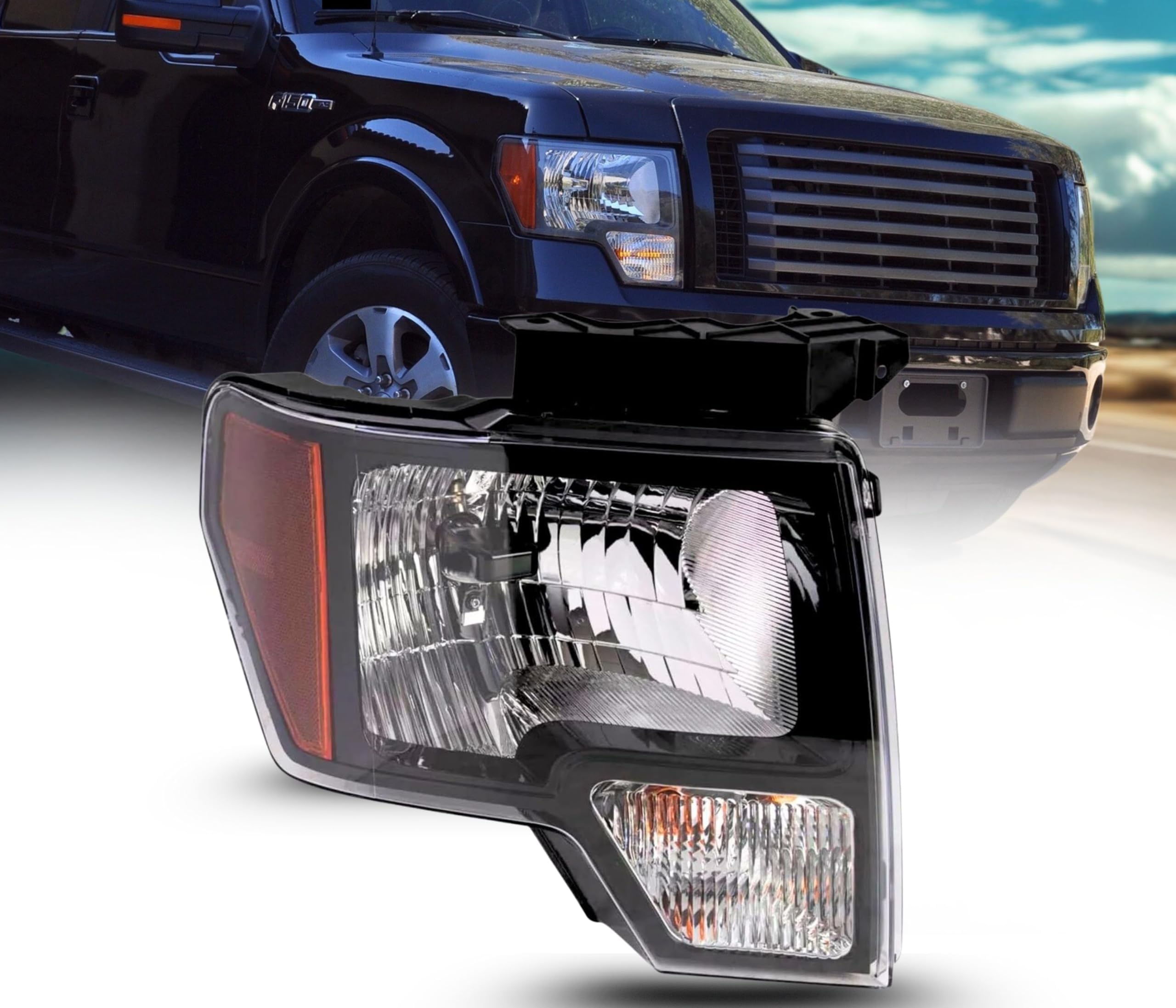 Headlamp Replacement For Ford F-150 2009-2014 Halogen Headlight Assembly Set With Bulbs, Right/Passenger Side, Black Housing, FO2503287 / DL3Z 13008 EC DOT/SAE Compliant