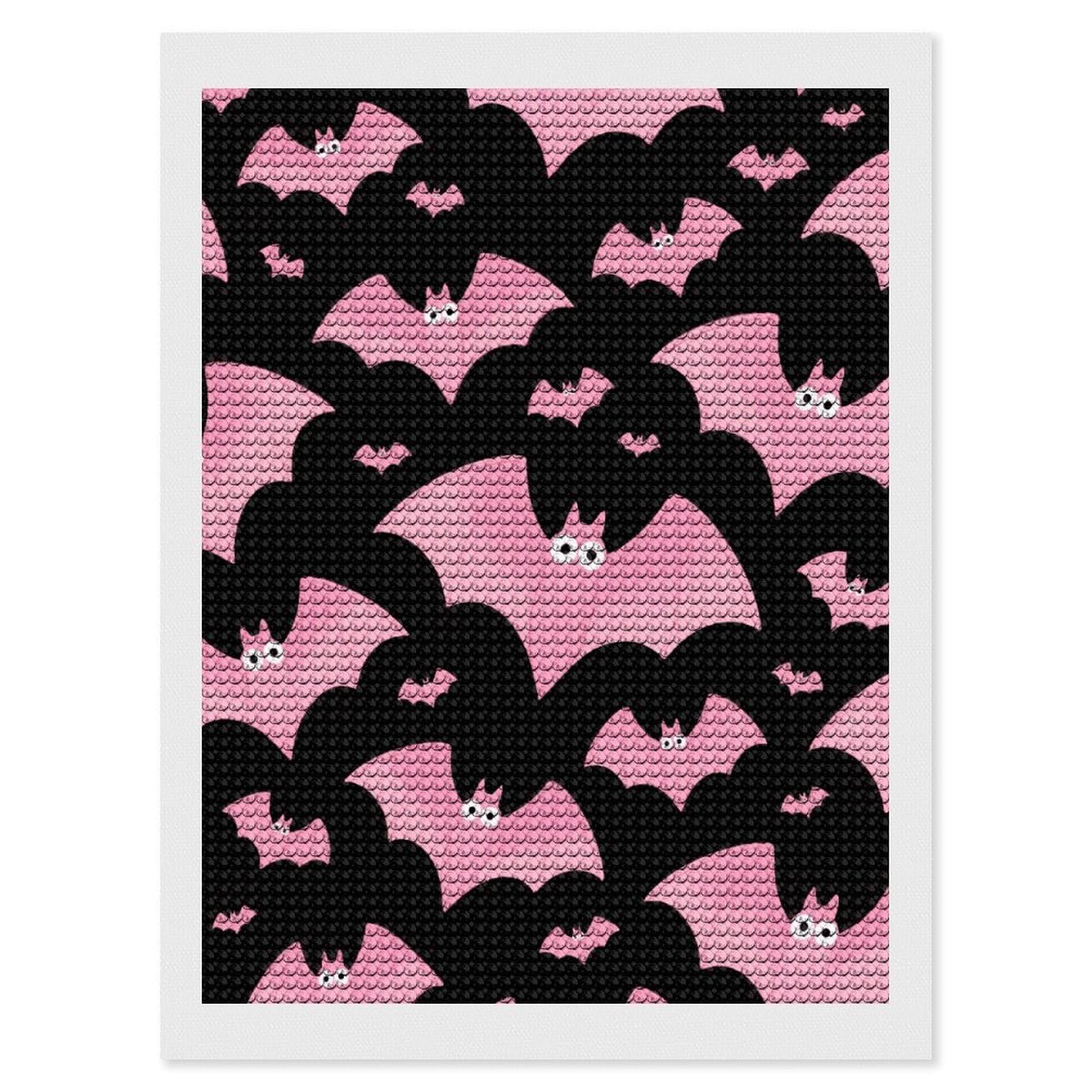 FodPand Halloween Bats Pink 5D Diamond Painting Kits for Adults Beginners Full Drill Round Diamond Dots Pictures Gem Art Supplies for Home Wall Room Decoration DIY Craft Set Gift 12x16