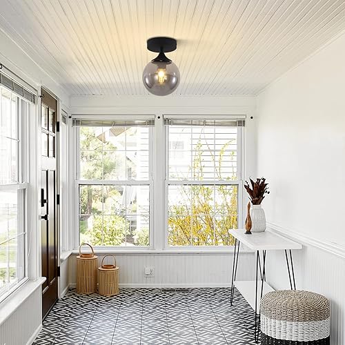 Miniatura 7 de KCO Iluminación de mediados de siglo - Lámpara de techo semiempotrada de color negro con forma de globo gris ahumado, lámpara de techo de cristal,