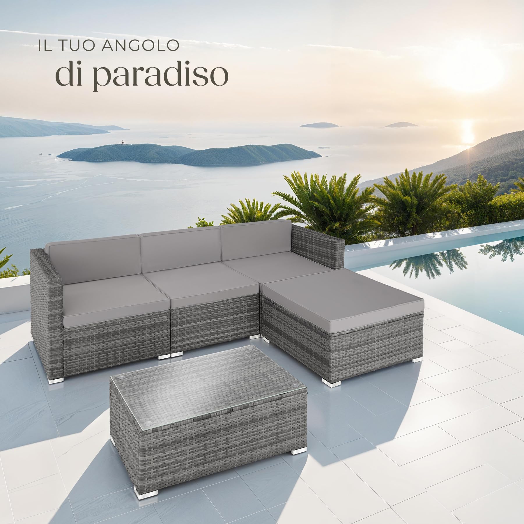 Tectake Salottino in Rattan Firenze Set Giardino 3 Poltrone 1 Pouf Tavolo Cuscini 8cm Grigio