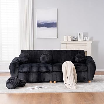 Modern Sofa for Living Room, 84in Sectional Love Seat Couch, Upholstered Sofa for Apartment Bedroom Home Office, Oversized Two Seater,Black-Corduroy-Foam