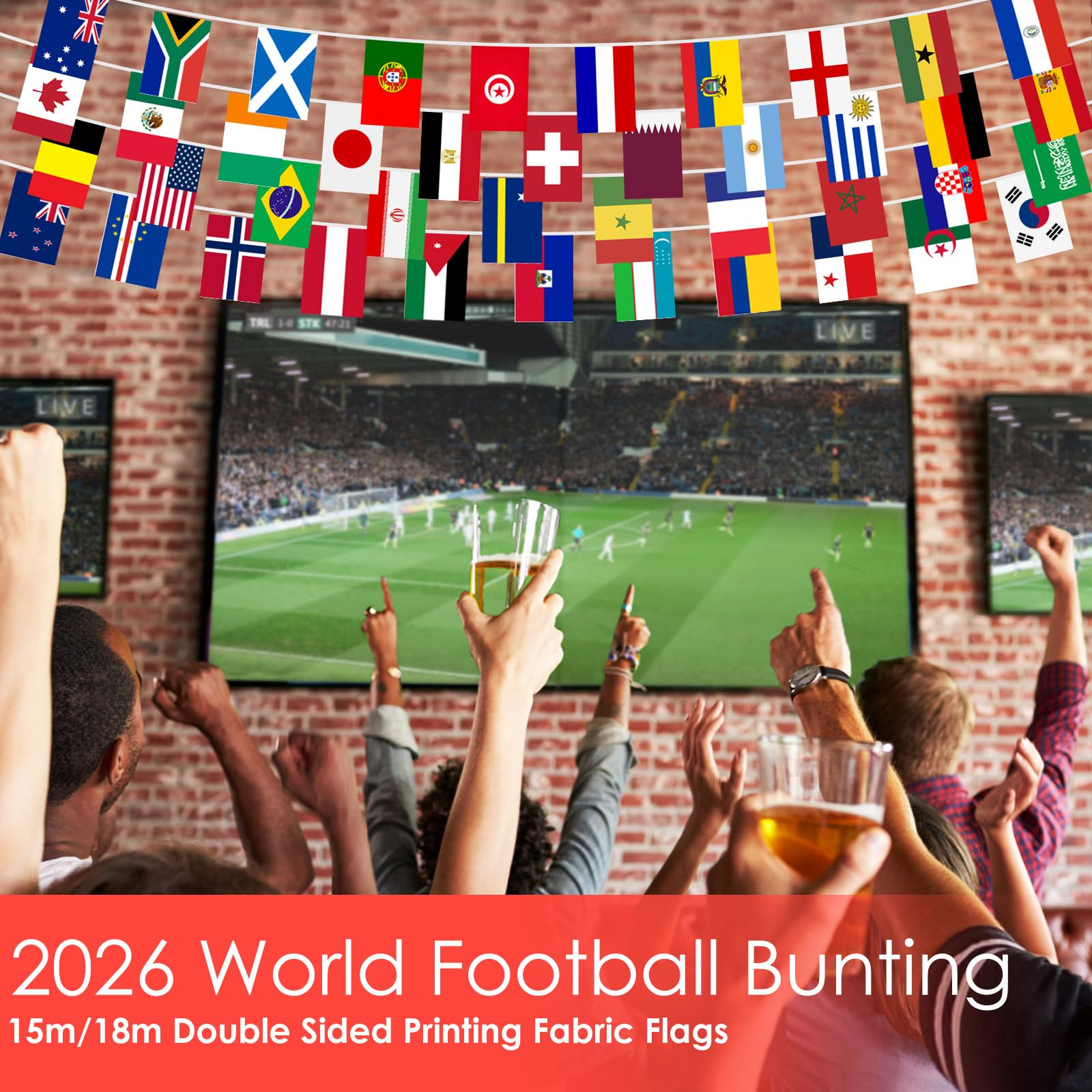 AhfuLife 2 Pezzi Bandierine Coppa del Mondo 2026, 20×28 cm-21m, 48 Paesi Bandiere del Mondo Include Bosnia ed Erzegovina, Repubblica Ceca e Svezia, Striscioni Decor per Mondiali, Eventi Calcio, Festa