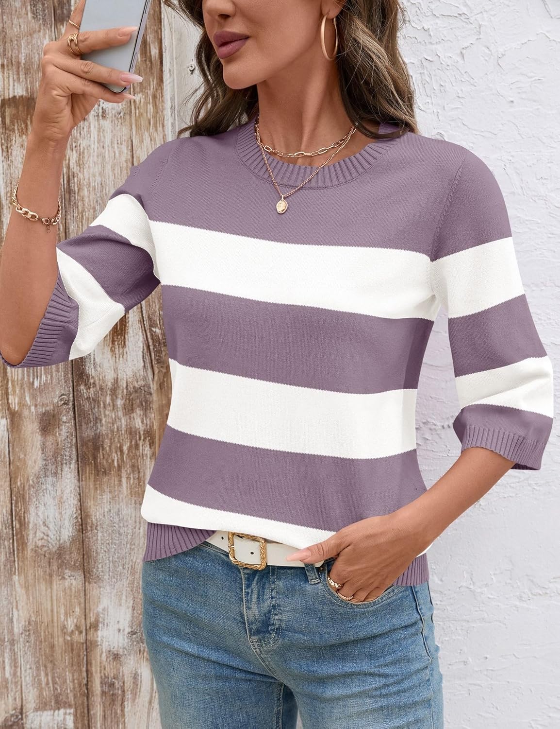 LOMON Womens Sweaters Casual Fall 2025 Crew Neck Striped 3/4 Sleeve Lightweight Knit Trendy Pullover Sweater Tops S-XL - Image 3