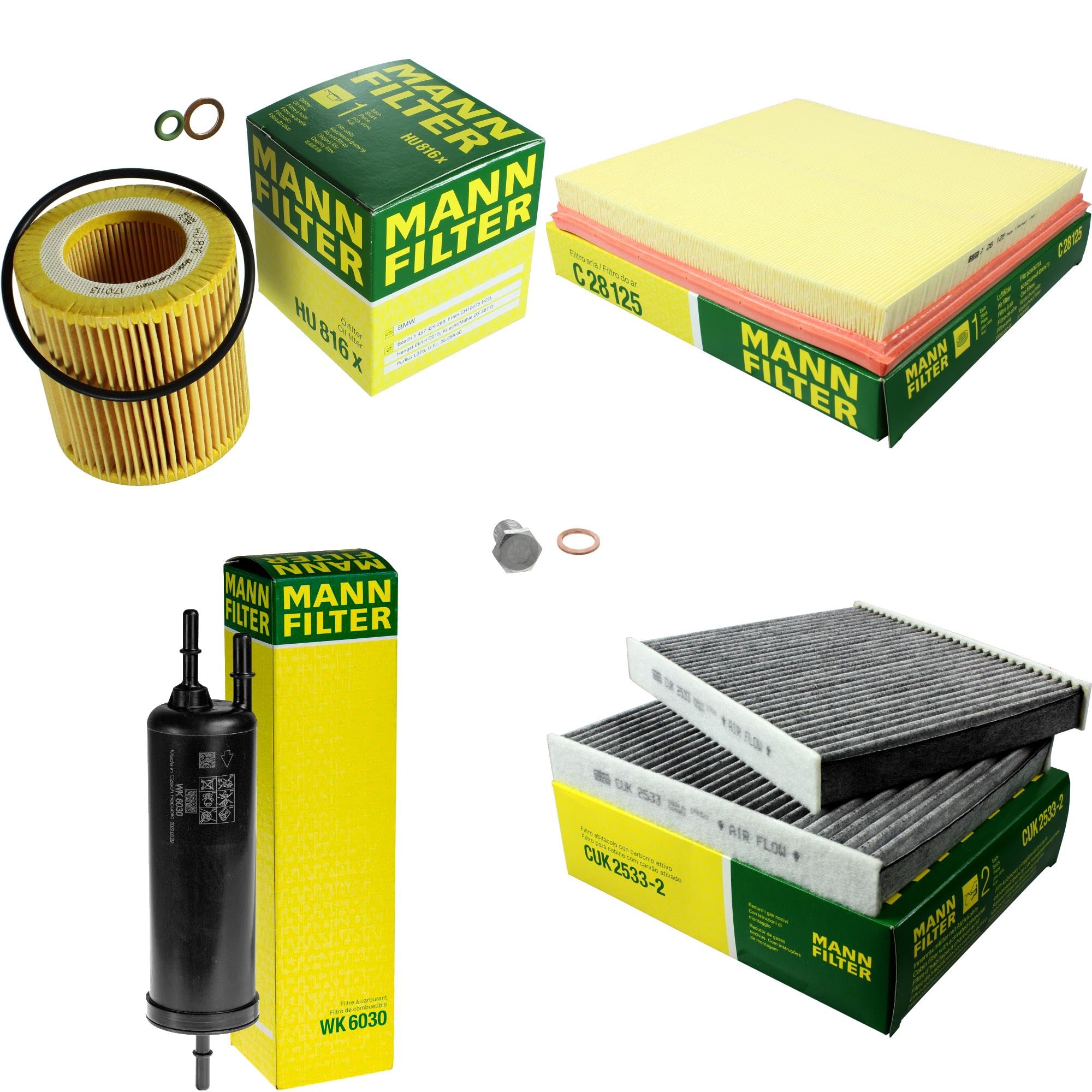 Paquete de inspección Kit de mantenimiento de filtros con filtro de aceite HU 816 x, filtro de aire C 28 125, filtro de combustible WK 6030, filtro de habitáculo CUK 2533-2, tornillo de