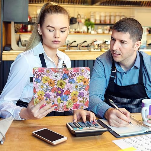 Miniatura 5 de Libreta de servidor con 2 bolsillos con cremallera, cubierta floral de cuero, organizador de libros para camarera, bonita cartera de dinero con