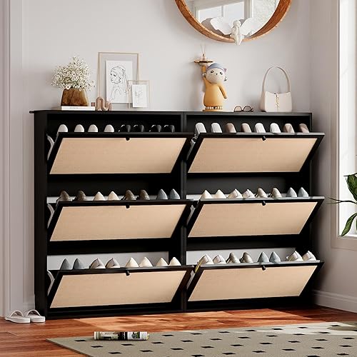 Miniatura 6 de AVZEAR Armario estrecho de almacenamiento de zapatos para entrada con panel de lino natural, gabinete de zapatos delgado independiente con 3 cajones