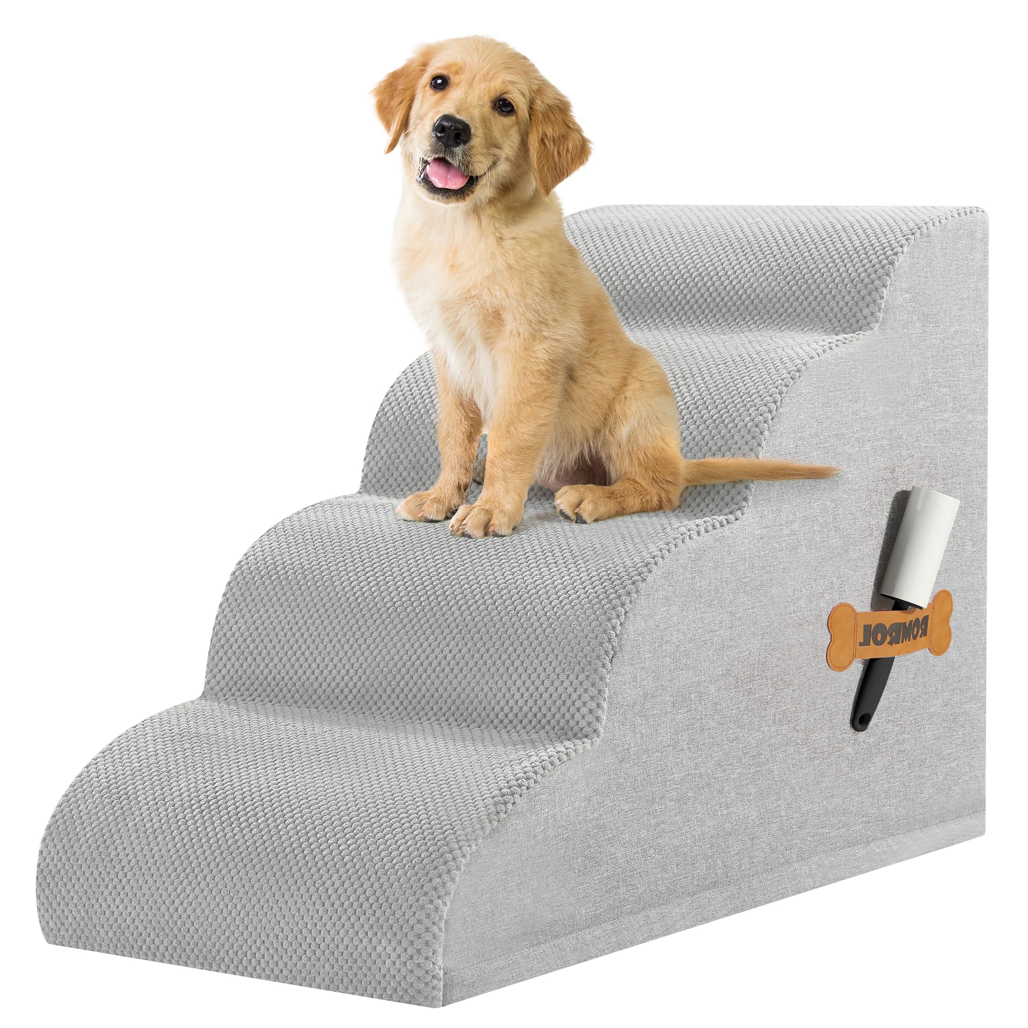 Romrol Dog Stairs Ramp for Beds Couches, Extra Wide Pet Steps with Durable Non-Slip Waterproof Fabric Cover, Dog Slope Stairs for Small Dogs and Cats or Pets Friendly, 4-TiersLight Grey