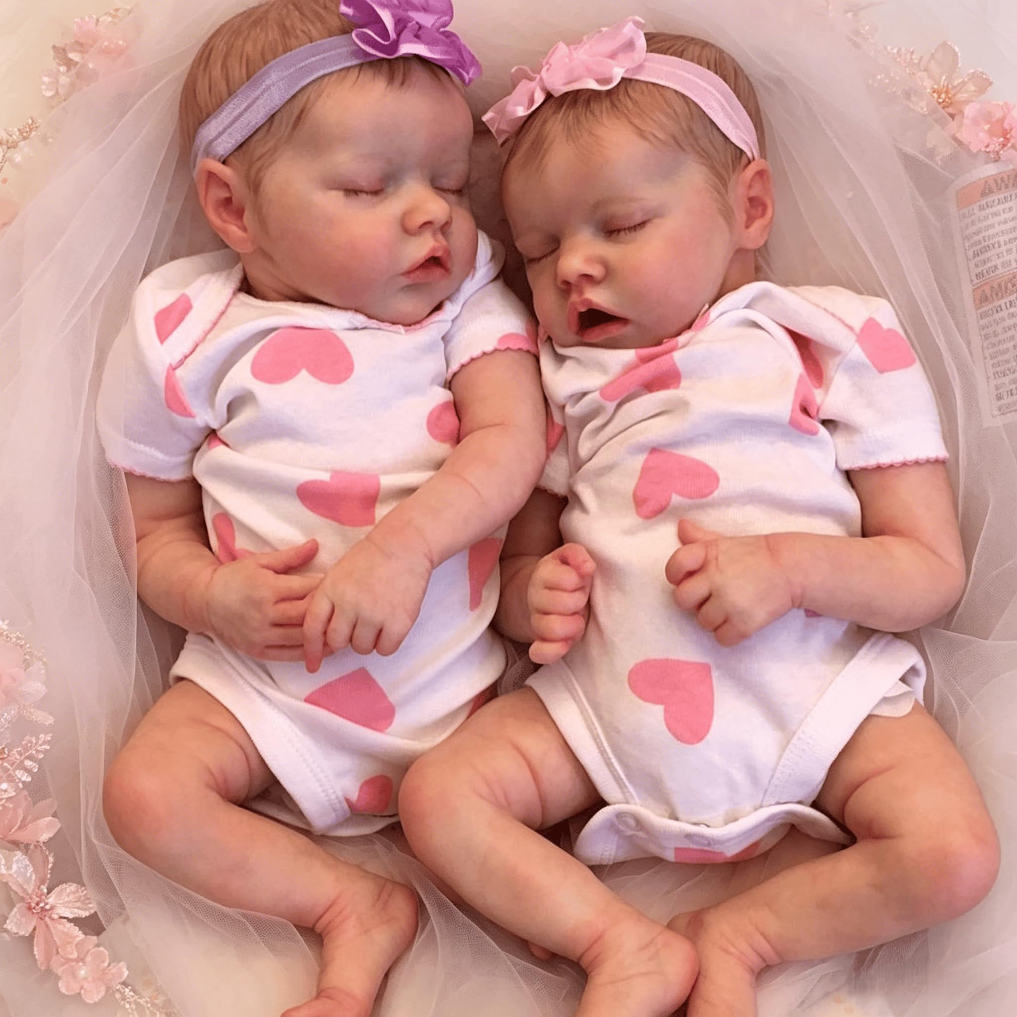 ROSHUAN Realistic Full Silicone Reborn Twins Baby Dolls 18 inch Soft Vinyl Body Sleeping Twins Girls Dolls Life Like Newborn Baby Dolls Eyes Close with Pink Heart Clothes Doll for Kids Ages 3+