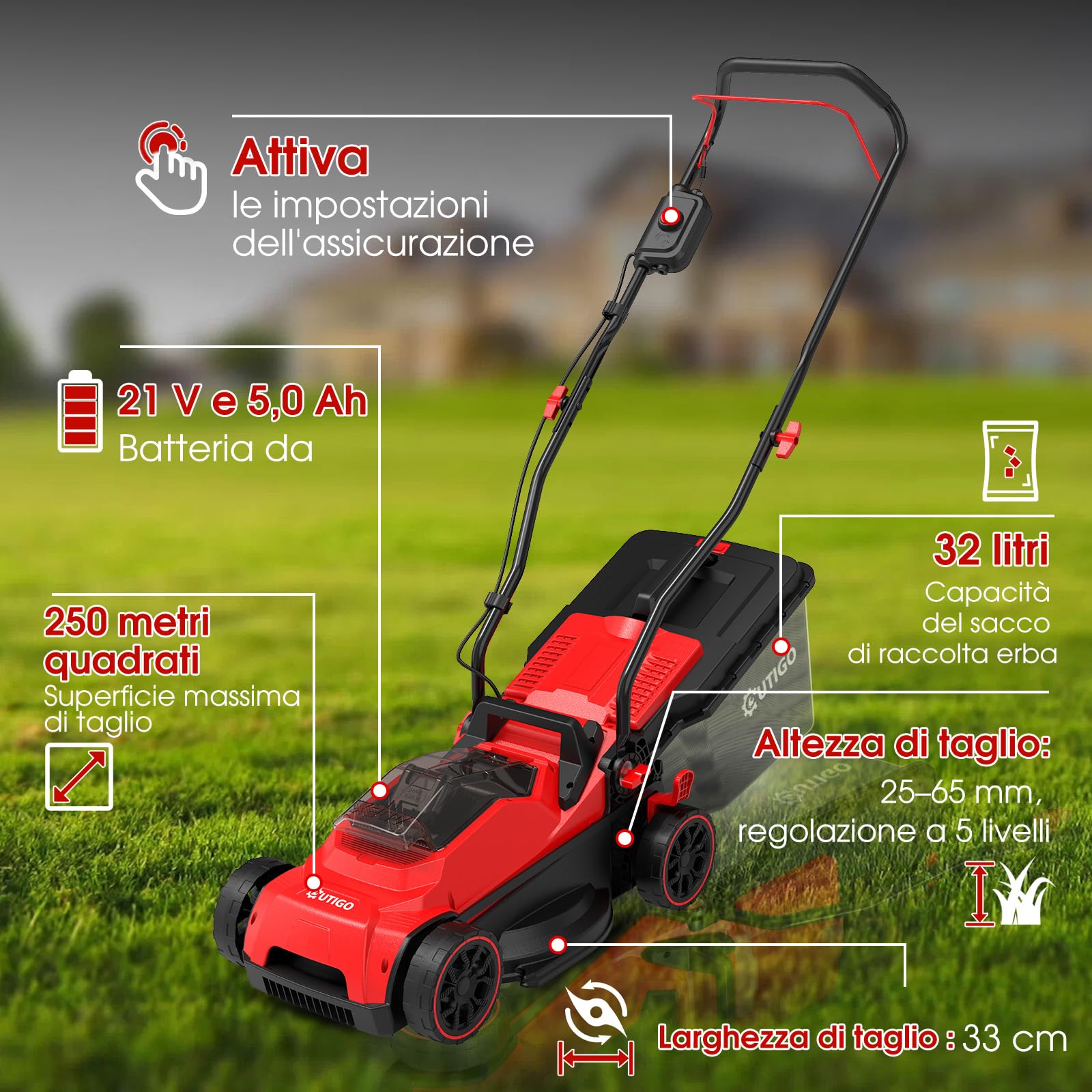 OUTIGO Tagliaerba a Batteria 21V, 5,0 Ah Inclusa, Larghezza di Taglio 33 cm, Autonomia 250 m², Cesto Raccoglierba 32 L, Altezza di Taglio Regolabile 25-65 mm