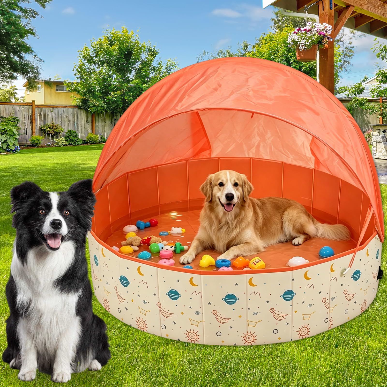 Hundepool Faltbar mit Sonnendach, 120x30cm Hundebadewanne mit Ablaufventil, rutschfeste Verdicktes PVC Planschbecken für Große Hund & Kinder, Tragbarer Hundeplanschbecken (Orange)