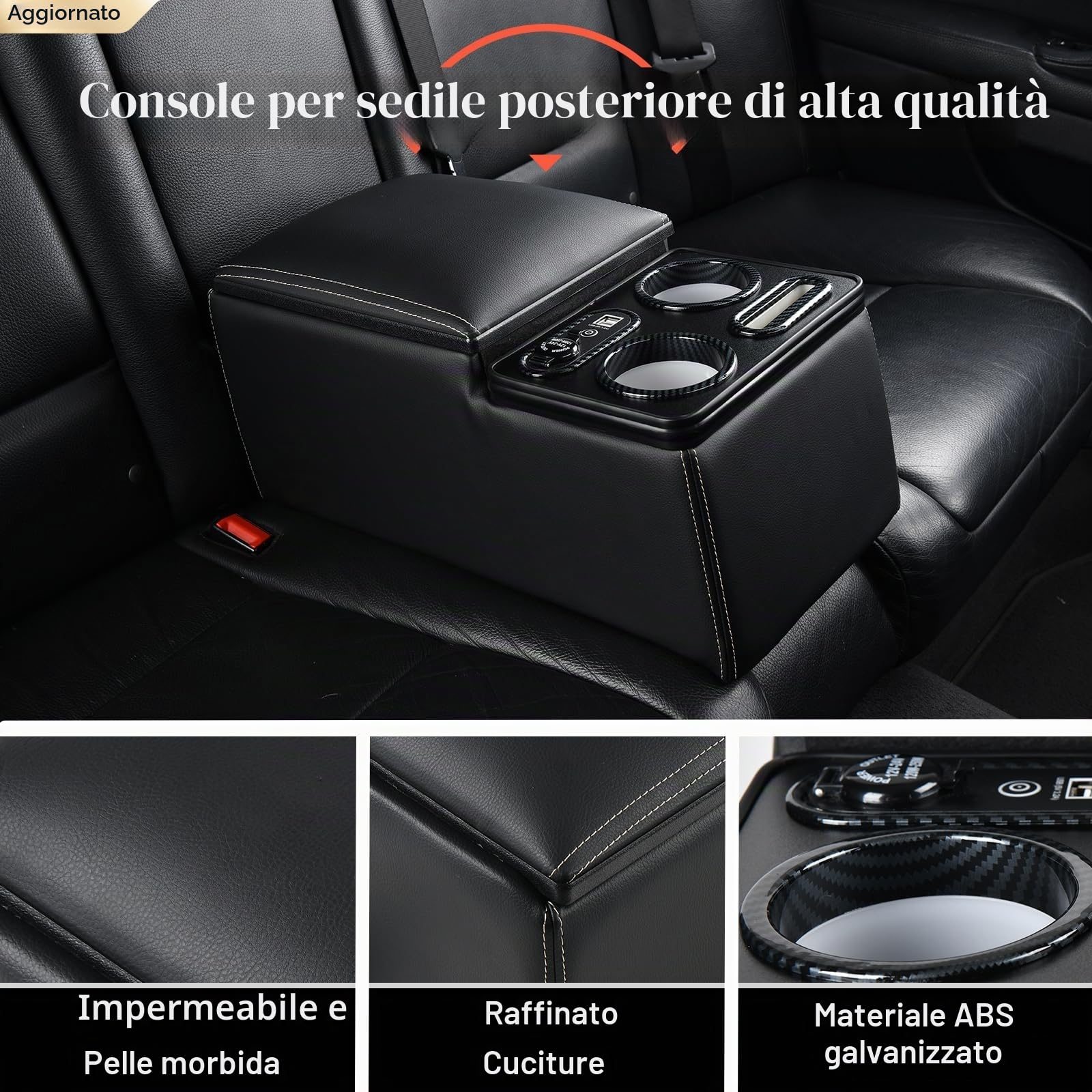 Coverado Console del centro auto in Pelle, Universale Braccioli Centrale Auto, Console sedile posteriore con supporto della tazza + supporto telefono per auto (Aggiornamento, Nero)