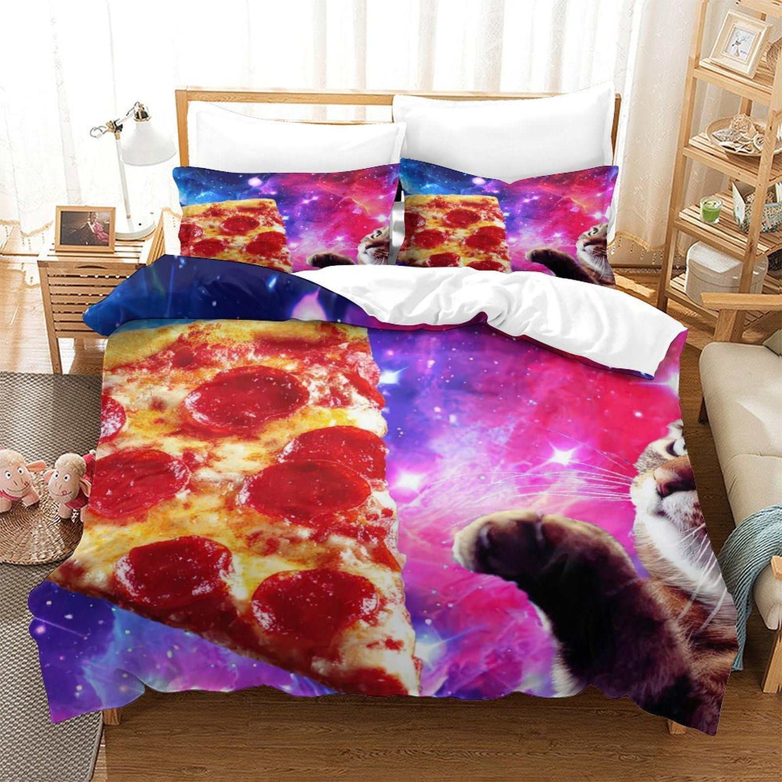 Pepperoni Pizza Bettbezug Mikrofaser 3 Stück Set 3D-Digitaldruck mit Reißverschluss Cosmic Food Kunst Stil Bettdeckenbezug Kuschelig mit Kopfkissenbezug for Fans König（220x240cm）