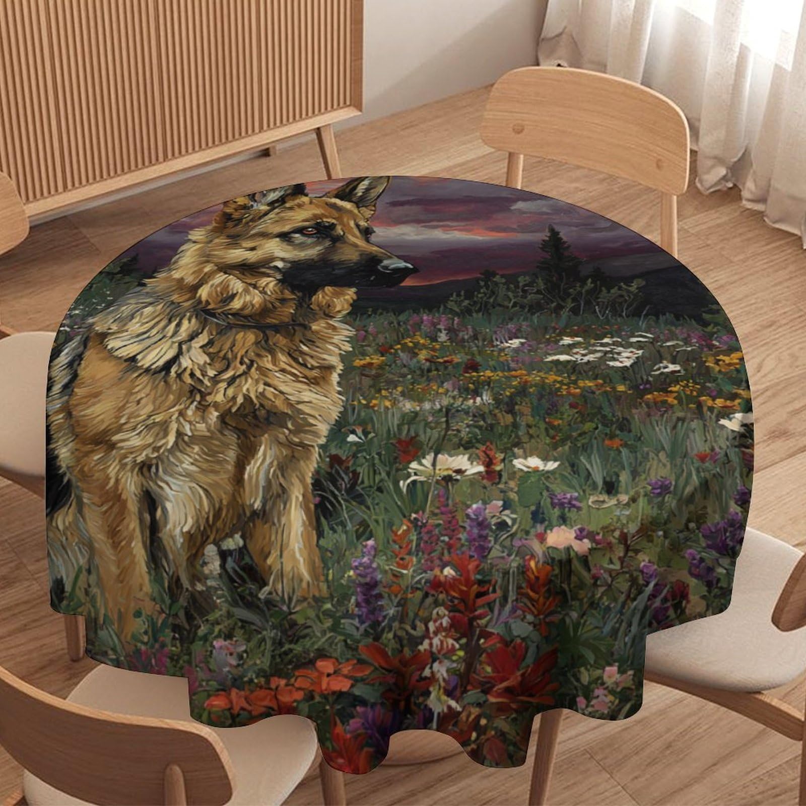LUYYSKY Cool Vintage Cute Dogs Round Tablecloth Retro Watercolor Art Spring Plants Daisies Flowers Animals Puppy Patte Washable Decor for Table Cover for Kitchen-127 Wx127 L cm