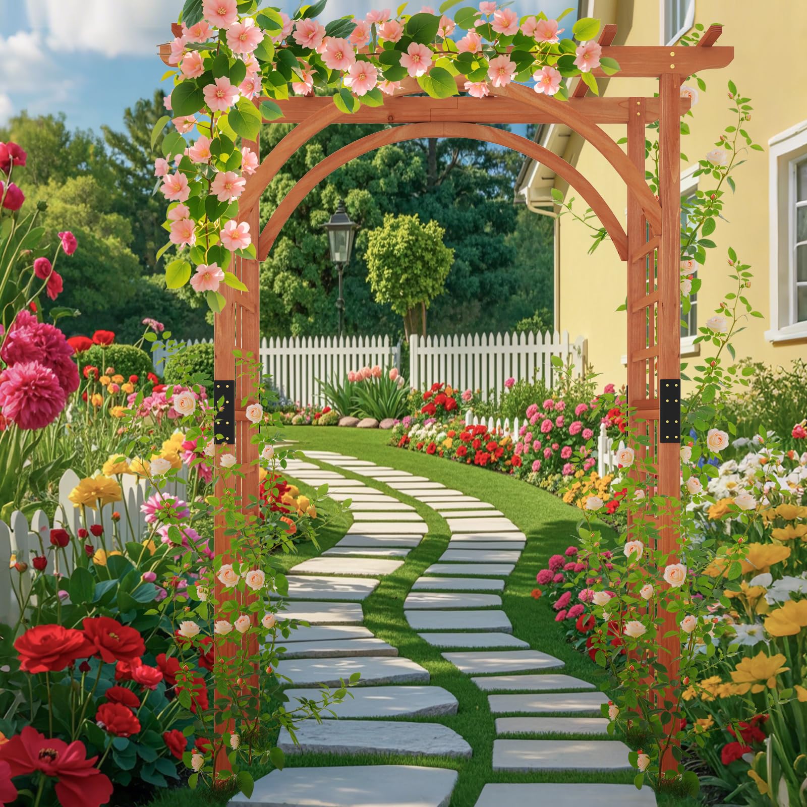 HOMASIS Arche de Jardin en Bois pour Plantes Grimpantes Exterieur, 160 X 60 X 213 cm, Arche à Rosiers Treillis, Support Pergola de Jardin Décoration Entrée Allée Patio Arrière-Cour (Orange)
