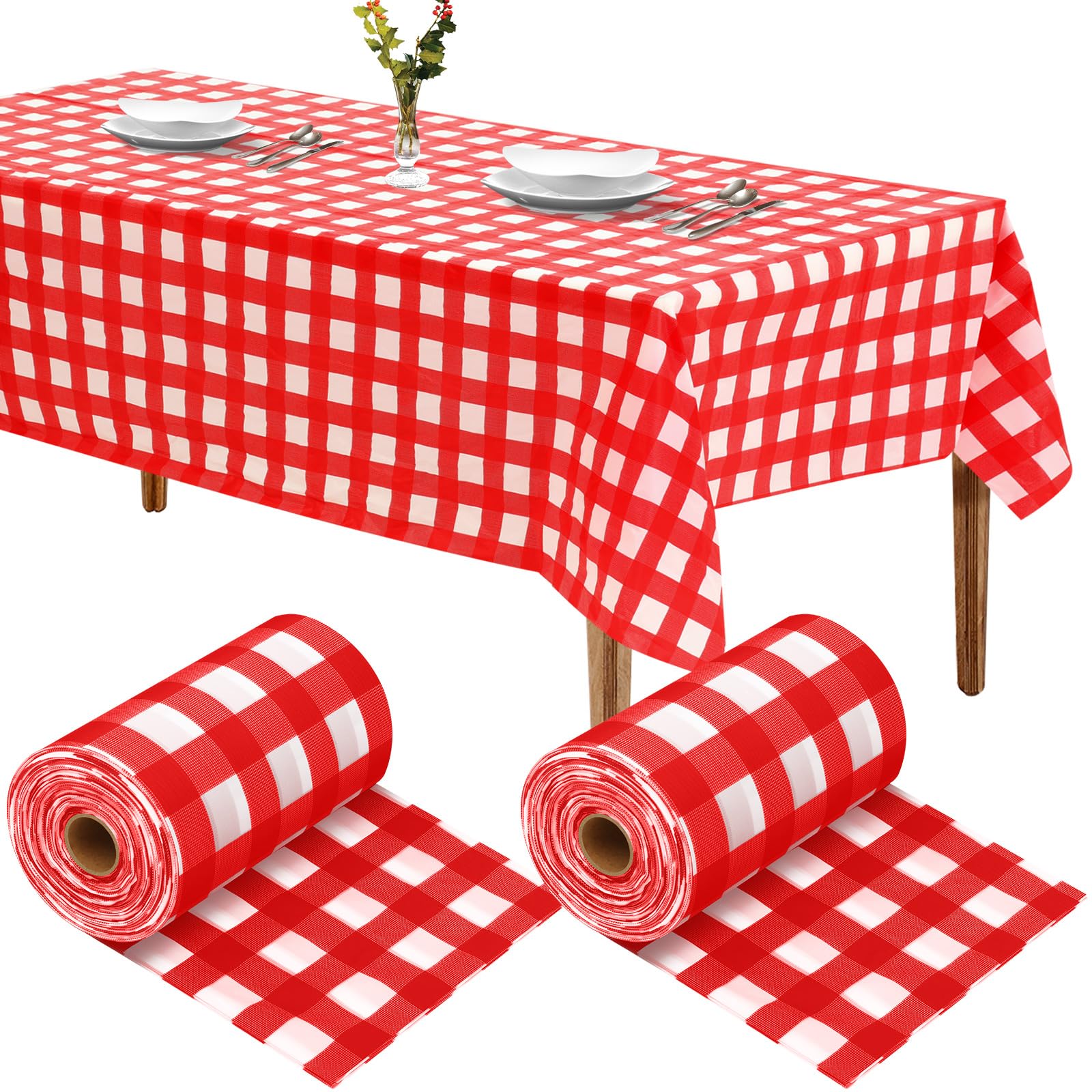 Photo 1 of 2 Roll Red Checkered Tablecloth 40 Inch x 300 Feet Disposable Plastic Table Cover Waterproof Red and White Gingham Table Cloth for Picnic Outdoor Party Decoration(Red White Checkered)