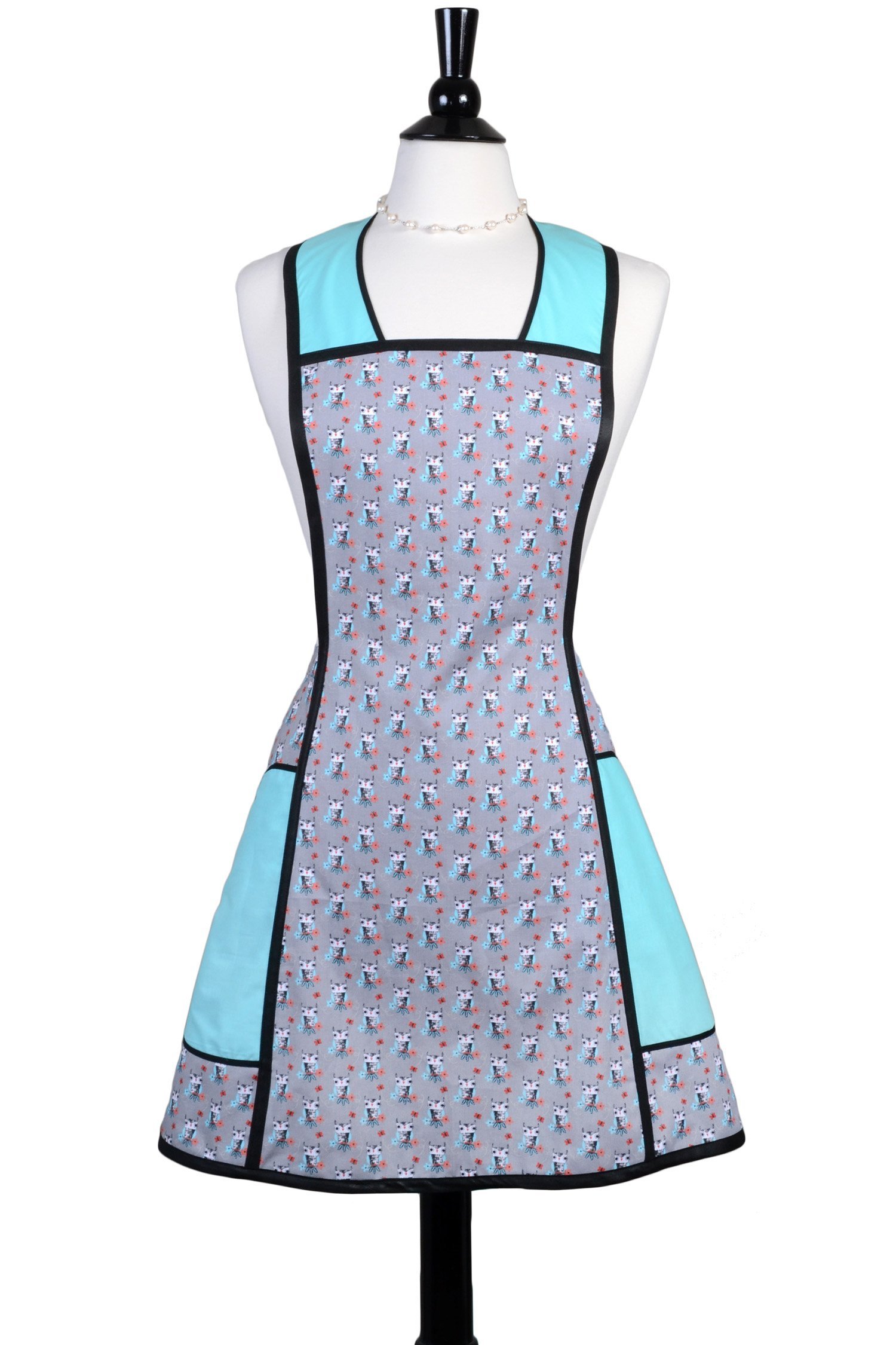 Plus Size Vintage Womens Kitchen Apron in Cute Little Owls with Aqua Wings - Large Pockets - Over the Head Comfort