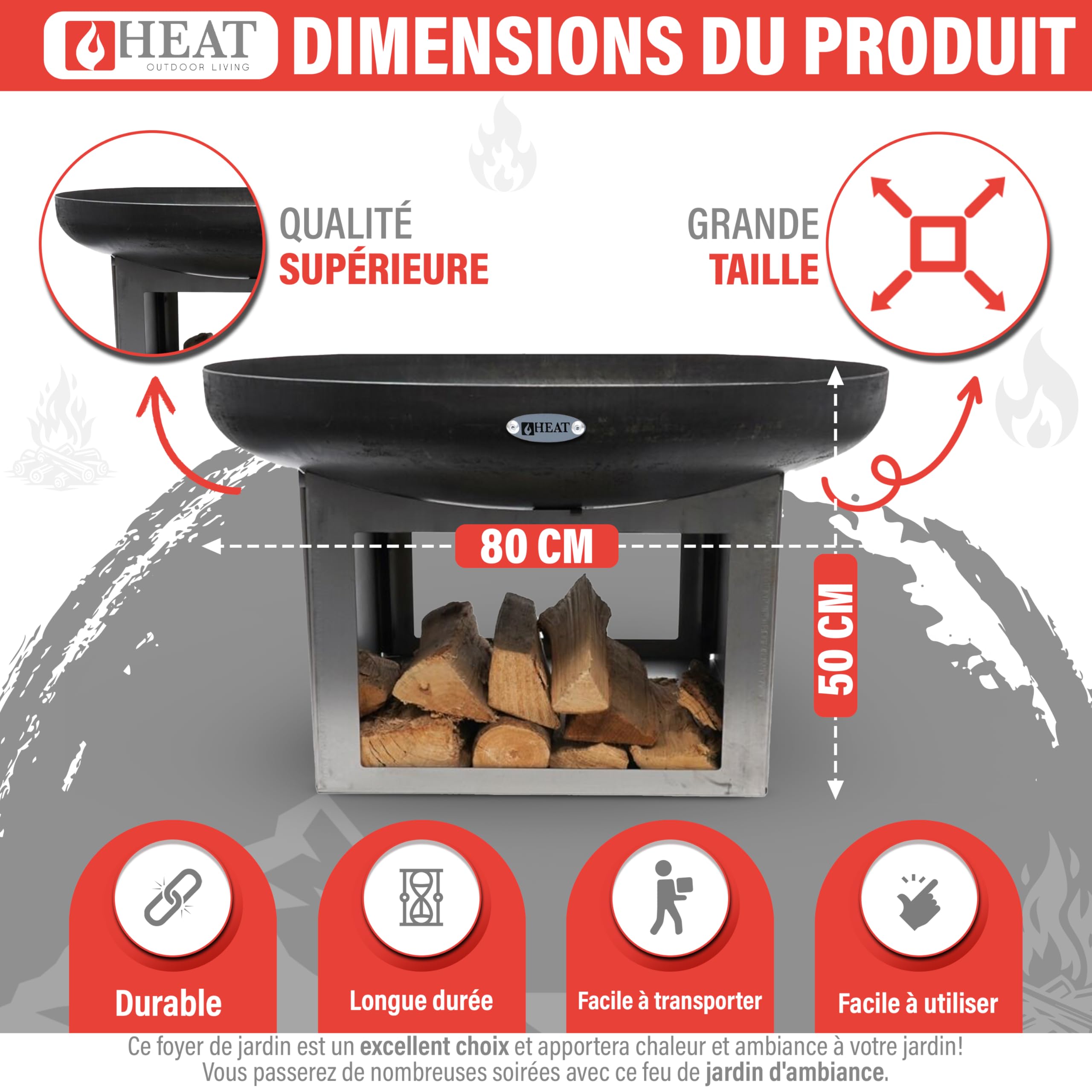 Brasero Fresvik Ø80 cm avec Rangement pour Le Bois - Brasero Barbecue - Brasero pour Jardin - Acier - Noir - 80x80x50 cm