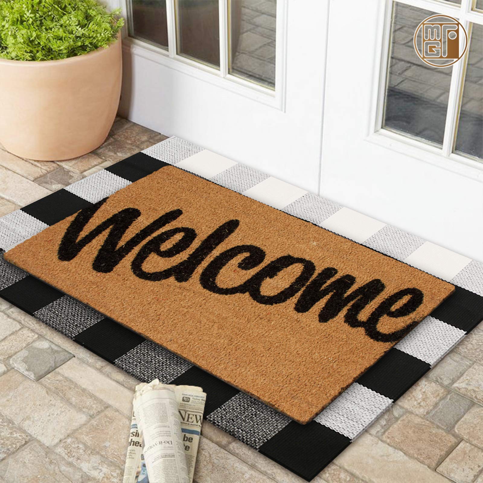 McGuffey 2 Pieces Welcome Doormat Home Coco Coir Hello Doormat with Rubber Non Slip Backing Checkered Buffalo Plaid Rug for Layering Decorative Front Door Entrance Mat