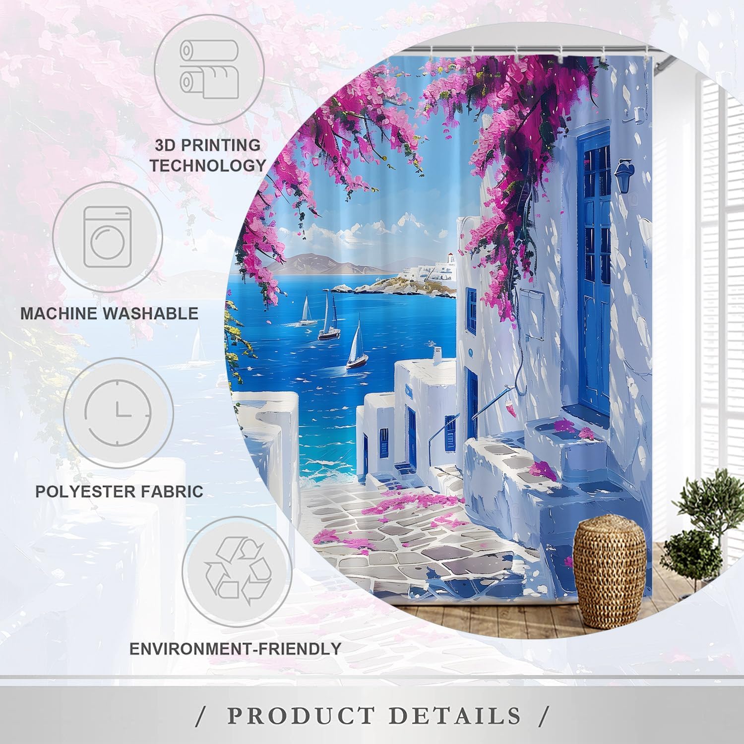 Landscape Shower Curtain Santorini Greece White Architecture Purple Flower Blue Ocean Mediterranean Natural Scenery Polyester Fabric Bathroom Decor Set with Hooks 70X96 Inch, YL192AT-180X243CM