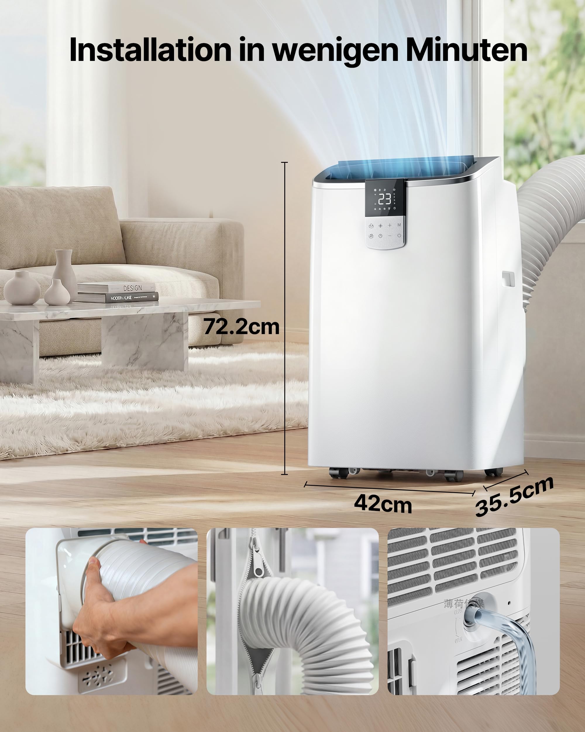 Mobile Klimaanlage 12000BTU mit Abluftschlauch | 4-in-1 Mobiles Klimagerät mit Fensterabdichtung | APP-Steuerung + Fernbedienung | Leiser Betrieb | 24h-Timer