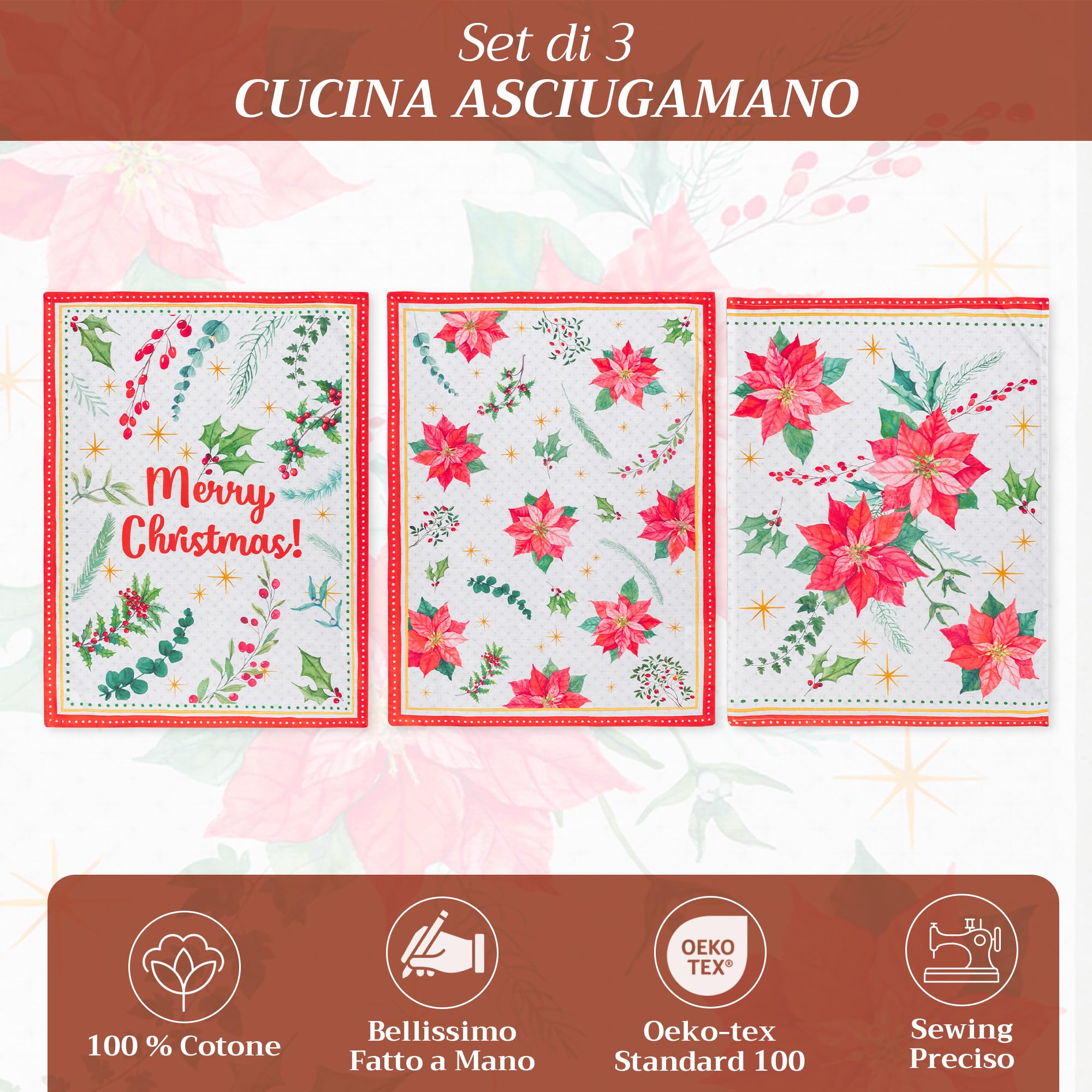 Maison d' Hermine Kitchen Towels Set of 3 100% Cotton 70 CM x 50 CM Reusable Cloth Tea Dish Towels Absorbent with Hanging Loop for Kitchen Dining Christmas Decorations (Poinsettia Christmas) - Image 2