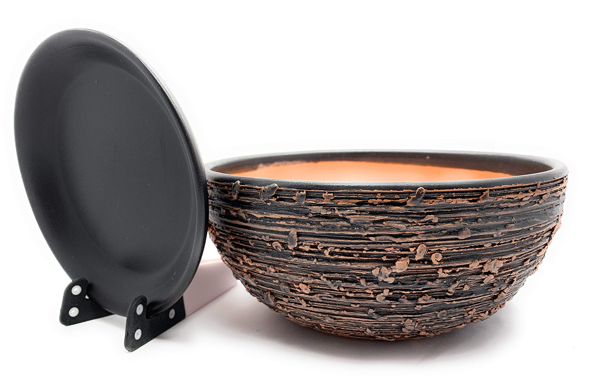 Sun Cakes Black/Brown Ceramic Plant Pot Glazed With Saucer Round Terracotta With Drip Tray Flower Pot Clay Coloured Flower Pot Antique Shallow (26Cm X 13Cm, Matt)