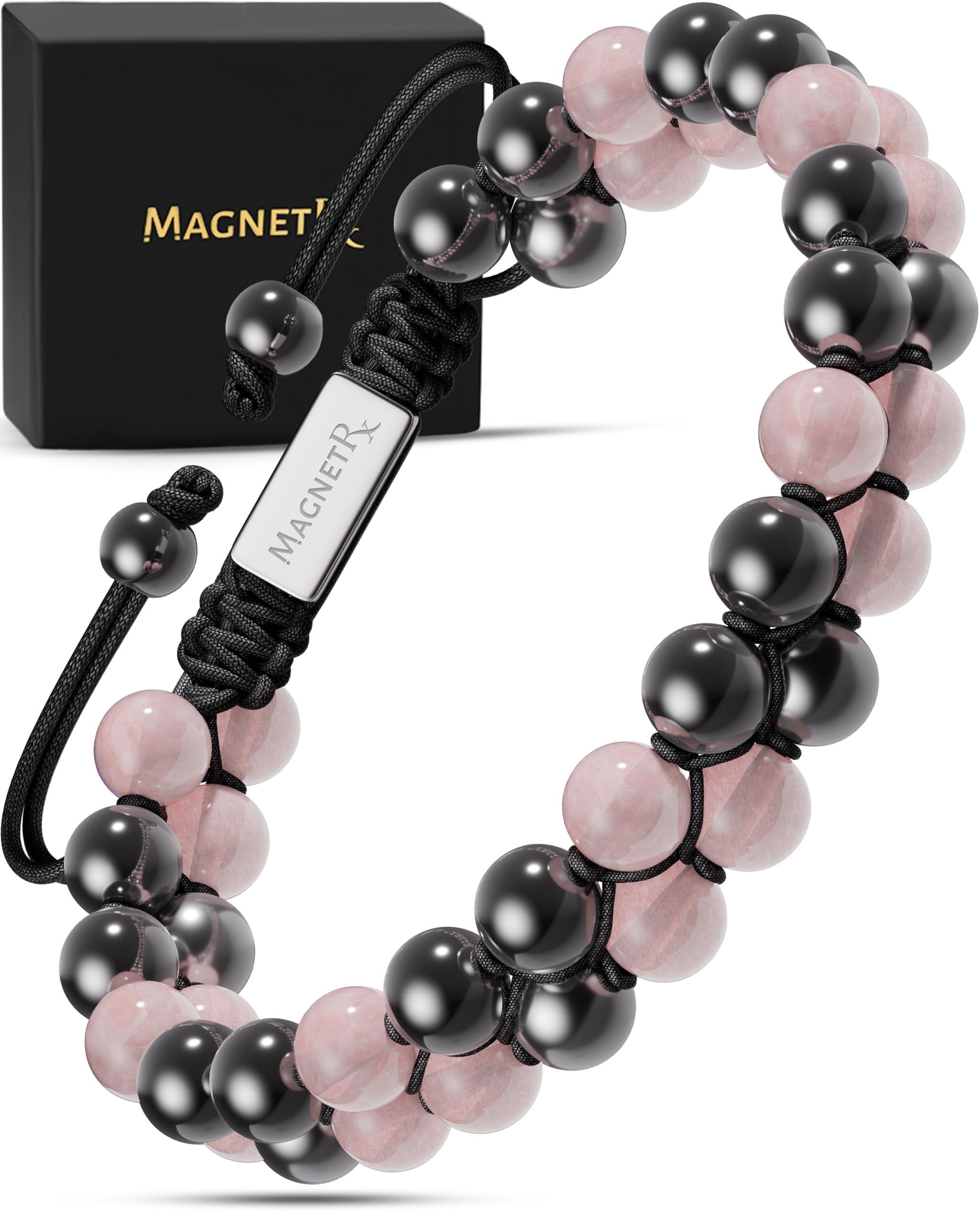 MagnetRX® Hematite & Rose Quartz Bracelet - MAX Strength Magnetic Hematite Bracelets - Natural Rose Quartz Crystals Pink Beaded Bracelets for Women