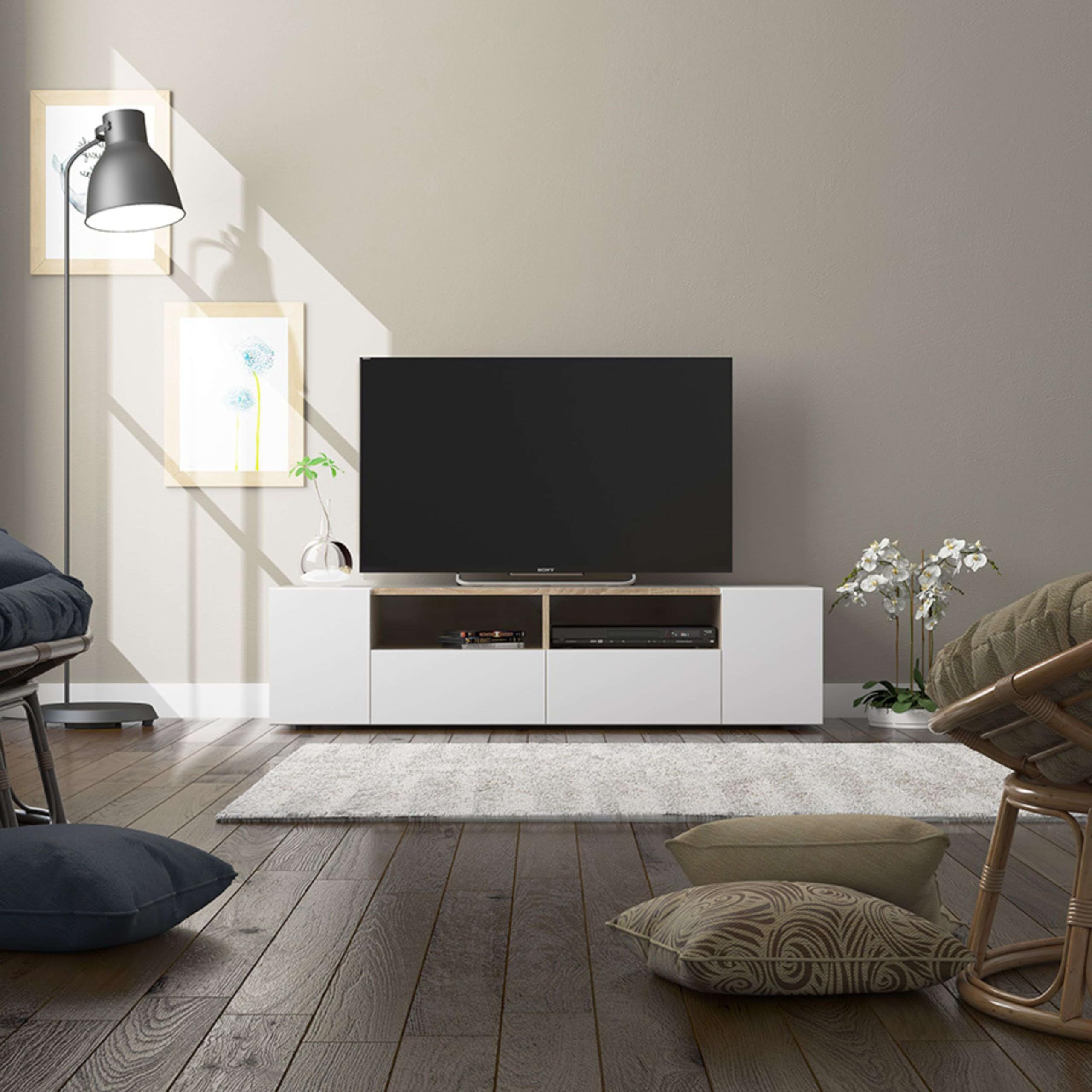 Habitdesign Modulo TV, Mueble de Salon, Juego de Muebles, Modelo Tamiko, Acabado en Blanco Artik y Roble Canadian, Medidas: 138 cm (Largo) x 42 cm (Fondo) x 36 cm (Alto)