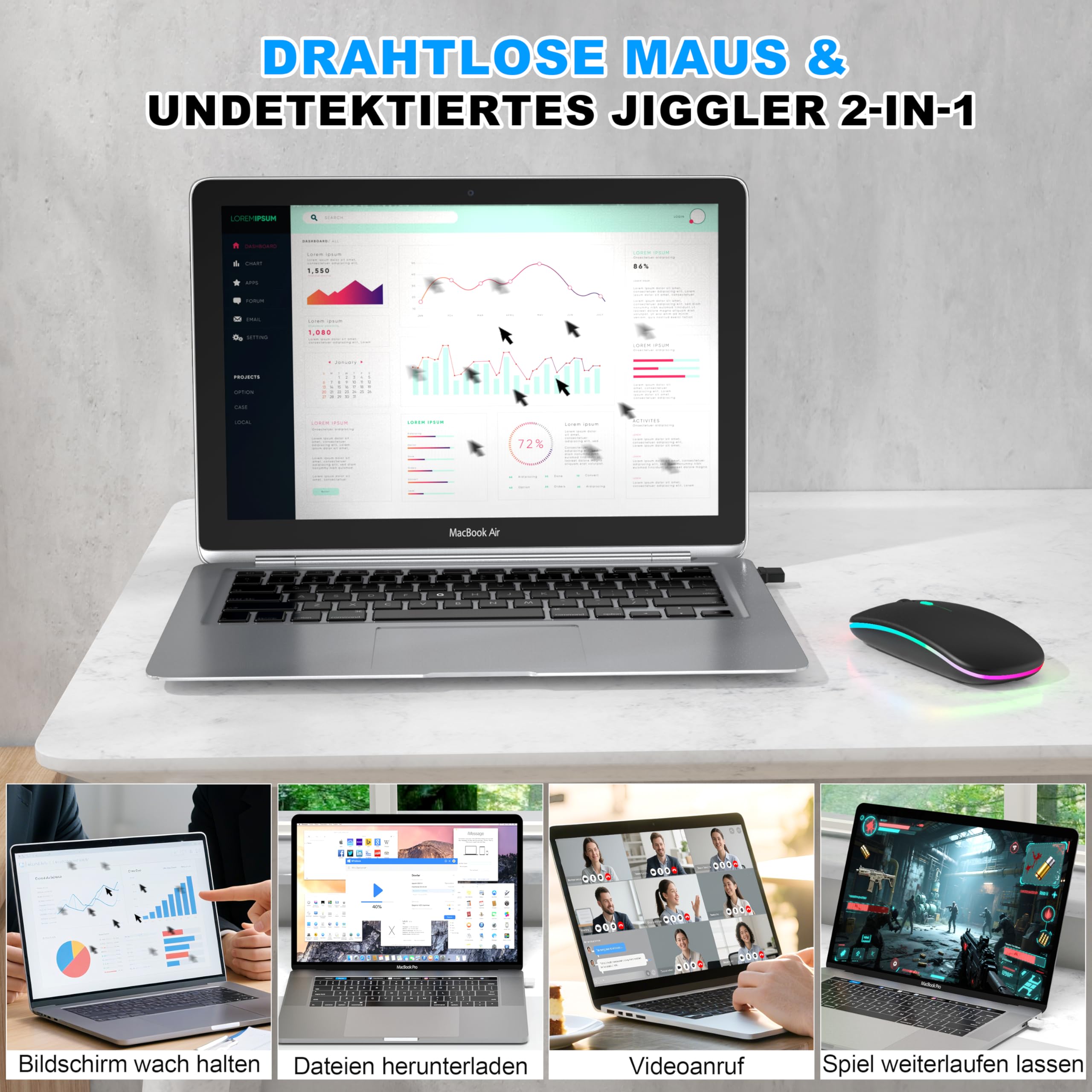 Mouse wireless con modalità jiggler – Bluetooth 5.2 & 2.4G radio per computer portatile, PC, iOS, Android, iPad e Windows, LED a 7 colori e 1600 DPI ottico (Modalità Jiggler, Nero)