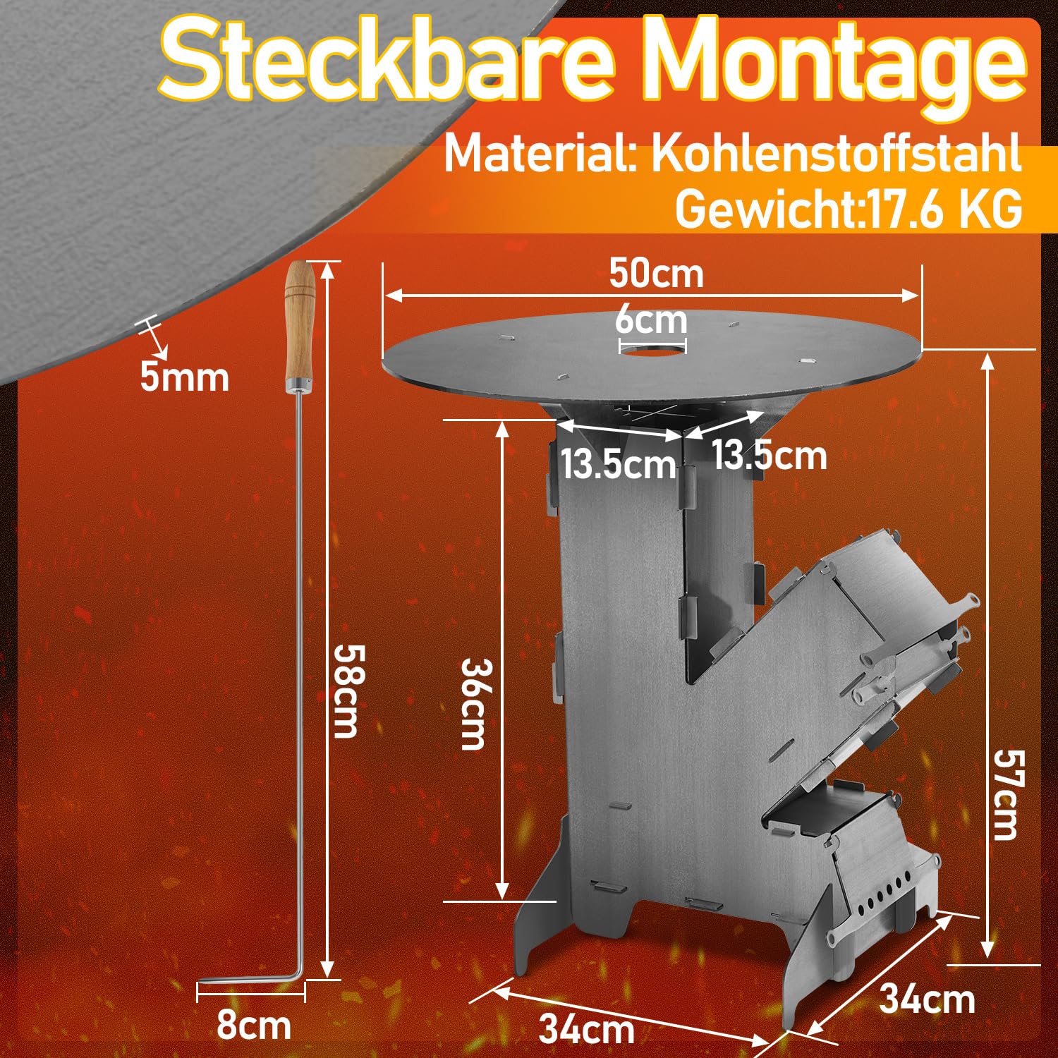 Raketenofen mit Grillplatte groß 5mm, Rocket Stove mit Feuerhaken，Kanonenofen Stecksystem aus massivem 3 mm dickem Stahl，2 zusätzlichen Standfüßen，Holzofen Outdoor für Camping, BBQ, Dutch Oven