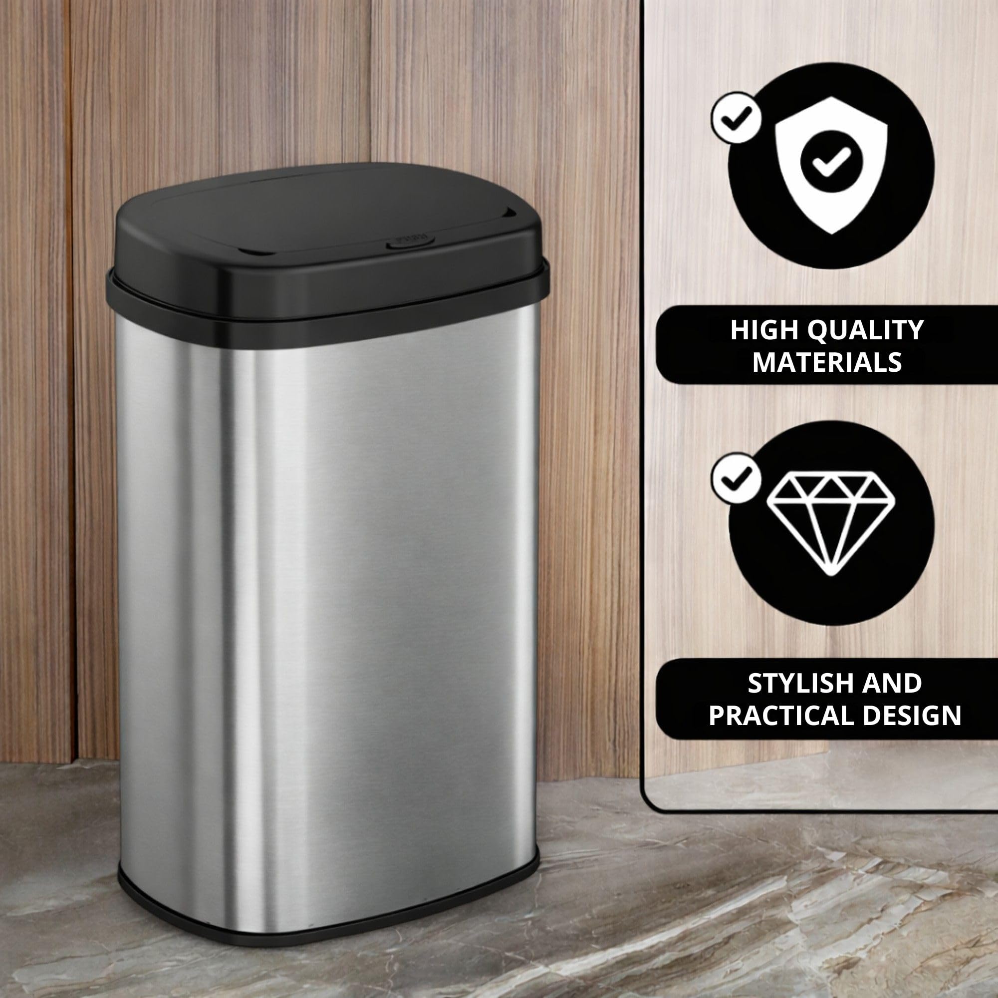Bayt Pattumiera da 60 l touch, bidone per rifiuti in metallo, grande cestino moderno per cucina e ufficio senza secchio interno - argento