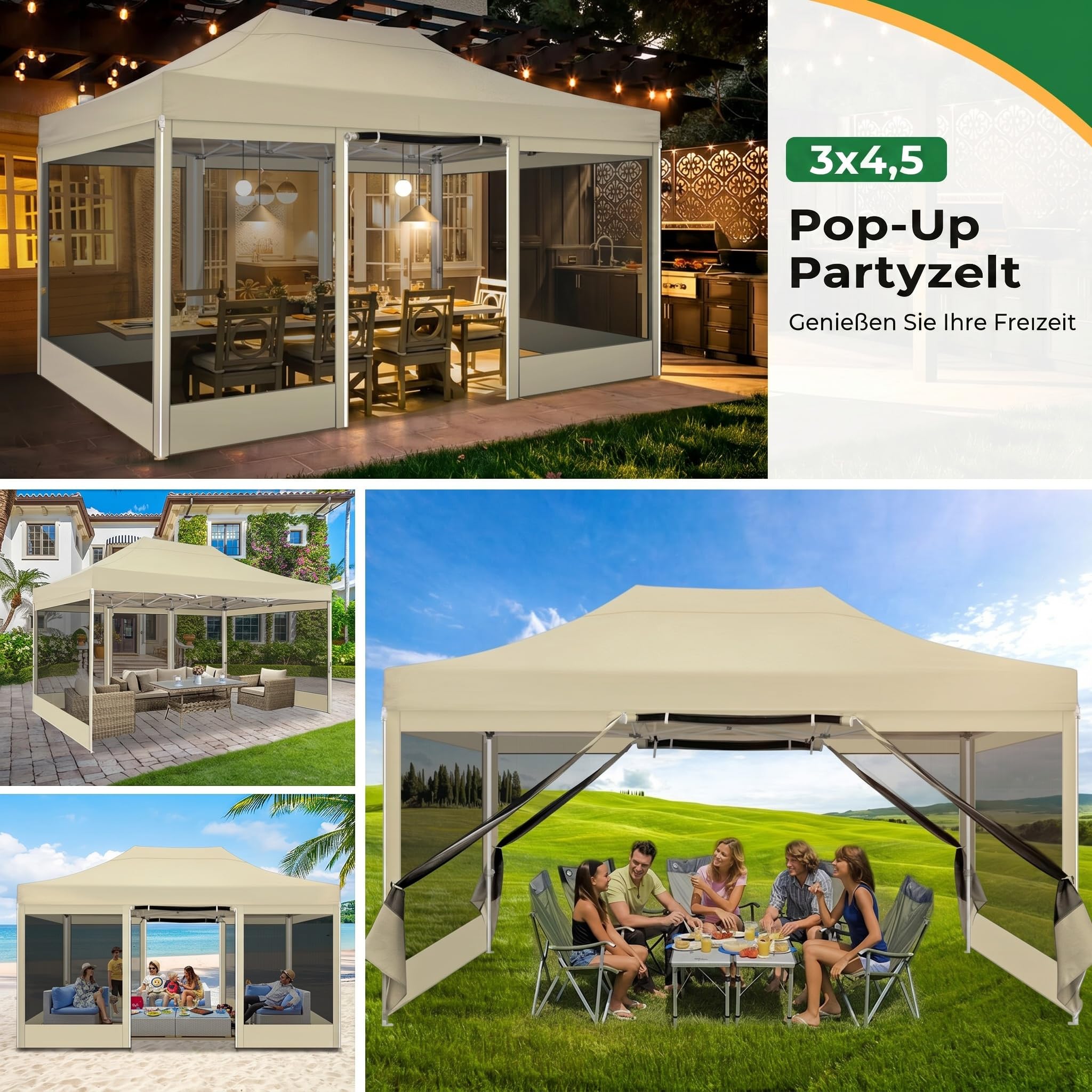 COBIZI Faltpavillon 3x4,5 Wasserdicht Stabil, Partyzelt Faltbar mit 4 Seitenwänden Moskitonetz Pop Up Gartenpavillon Anti-UV für Garten, 420D Oxford, Tragetasche mit Rollen, Khaki