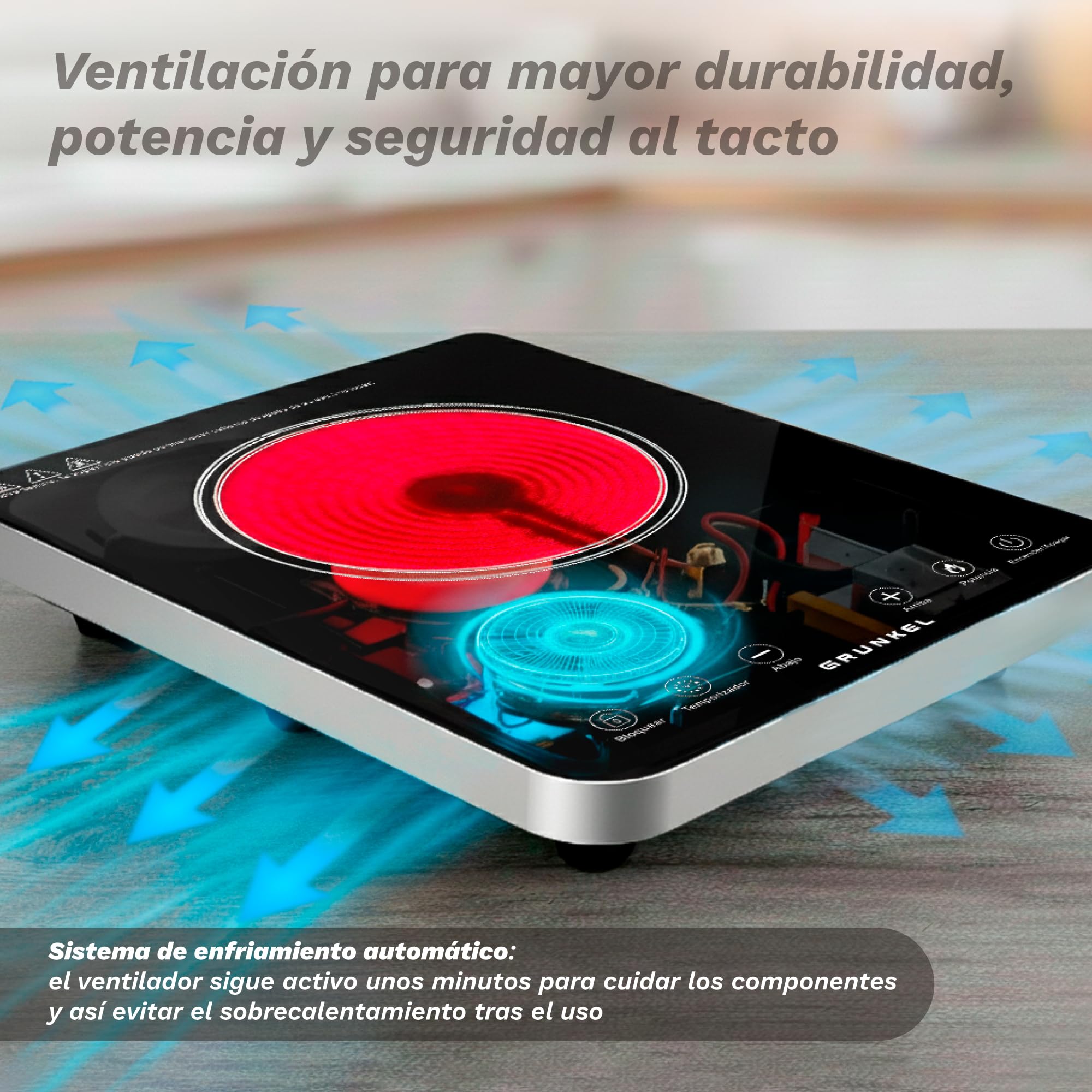 Placa de cocción por Infrarrojos de GRUNKEL IFR-2000 y 2000W, 8 Niveles, 29x37cm, Control Táctil, Temporizador. Ventilador automático enfriamiento tras uso. Superficie de cristal.
