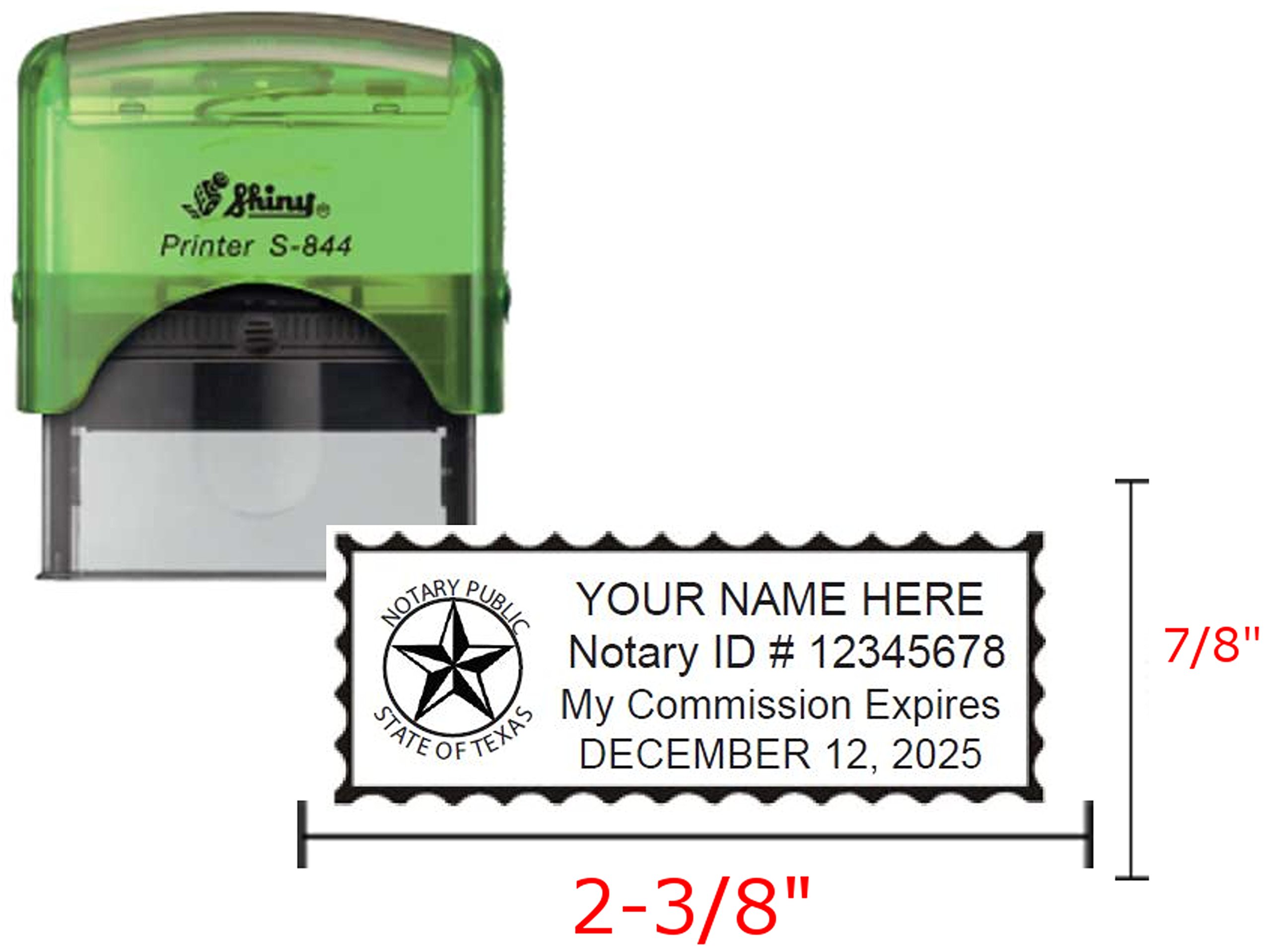 Texas Notary Stamp | Self Inking | Shiny Green Body | 2.3x0.81 Inch Rectangular Imprints