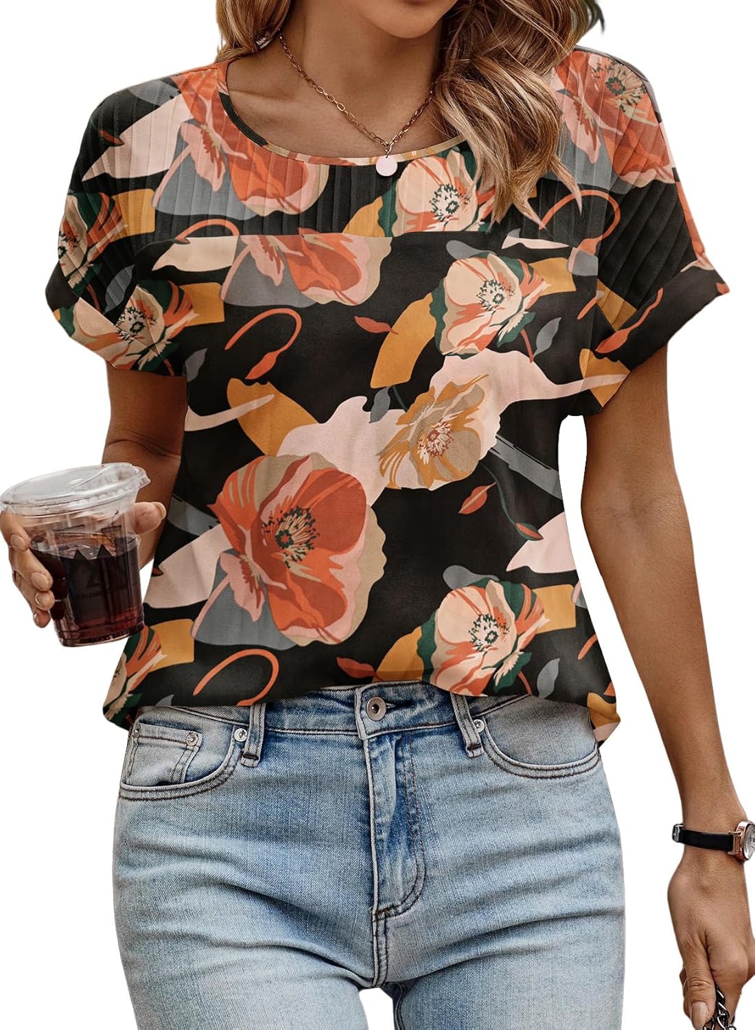 Summer Short Sleeve T Shirt for Women Pleated Crew Neck Top Casual Loose Blouses