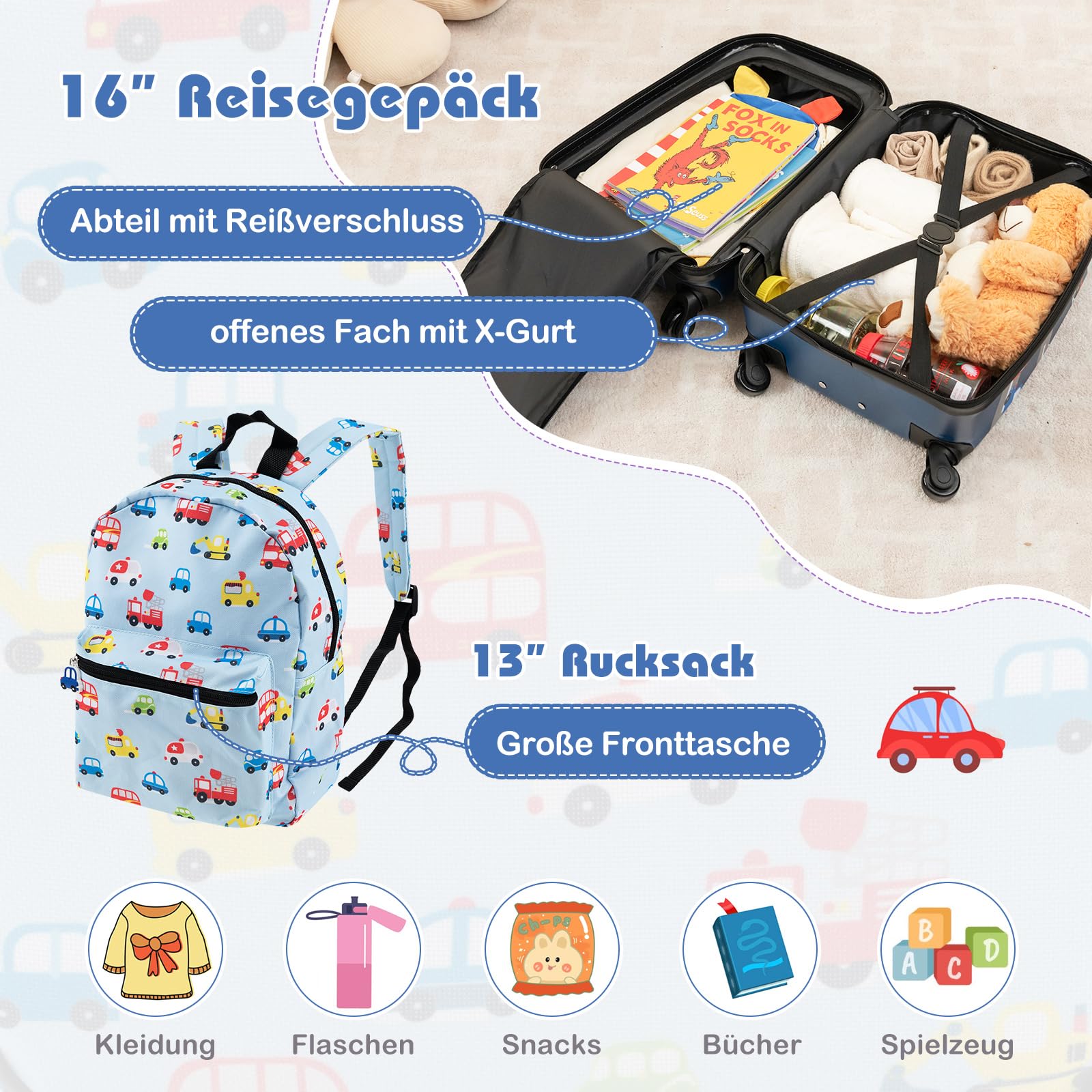 COSTWAY 5-częściowa walizka dziecięca + plecak, wózek dziecięcy z pudełkiem na lunch, zawieszka do bagażu i poduszka na kark, bagaż dziecięcy z kółkami, bagaż podręczny, walizka podróżna z twardą
