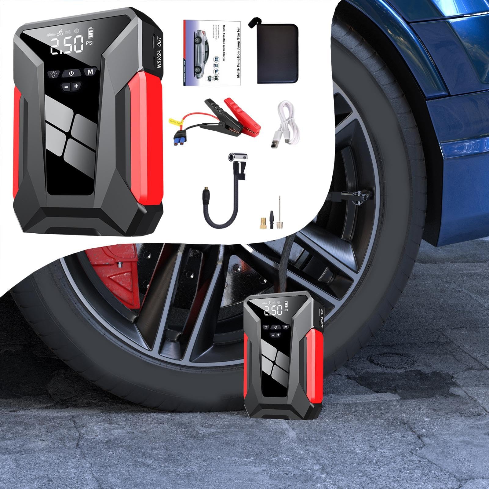 Avviatore Di Emergenza Carica Batterie Auto Compatto | Alimentatore Auto a Lunga Durata con Accessorio Gonfia Pneumatici per Viaggi e Emergenze