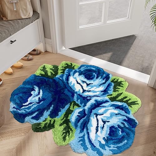 Miniatura 2 de Alfombrilla Abreeze con 4 rosas, alfombrillas con diseño de flores azul, hecha a mano, antideslizante (no se desliza), alfombrilla moderna, de puede