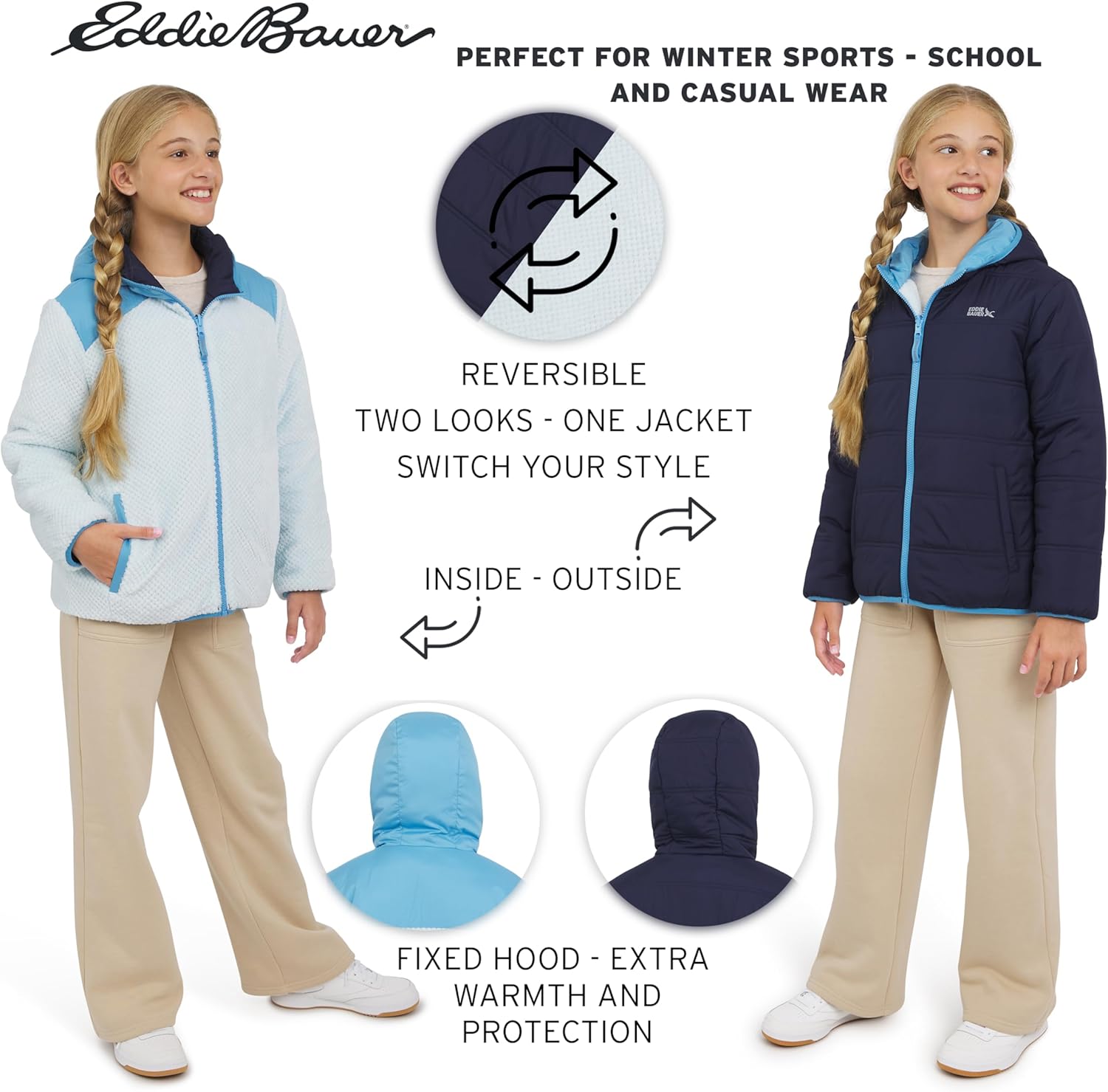 Eddie Bauer Girls' Deer Harbor Reversible Faux Fur Lined Insulated Puffer Jacket - Image 3