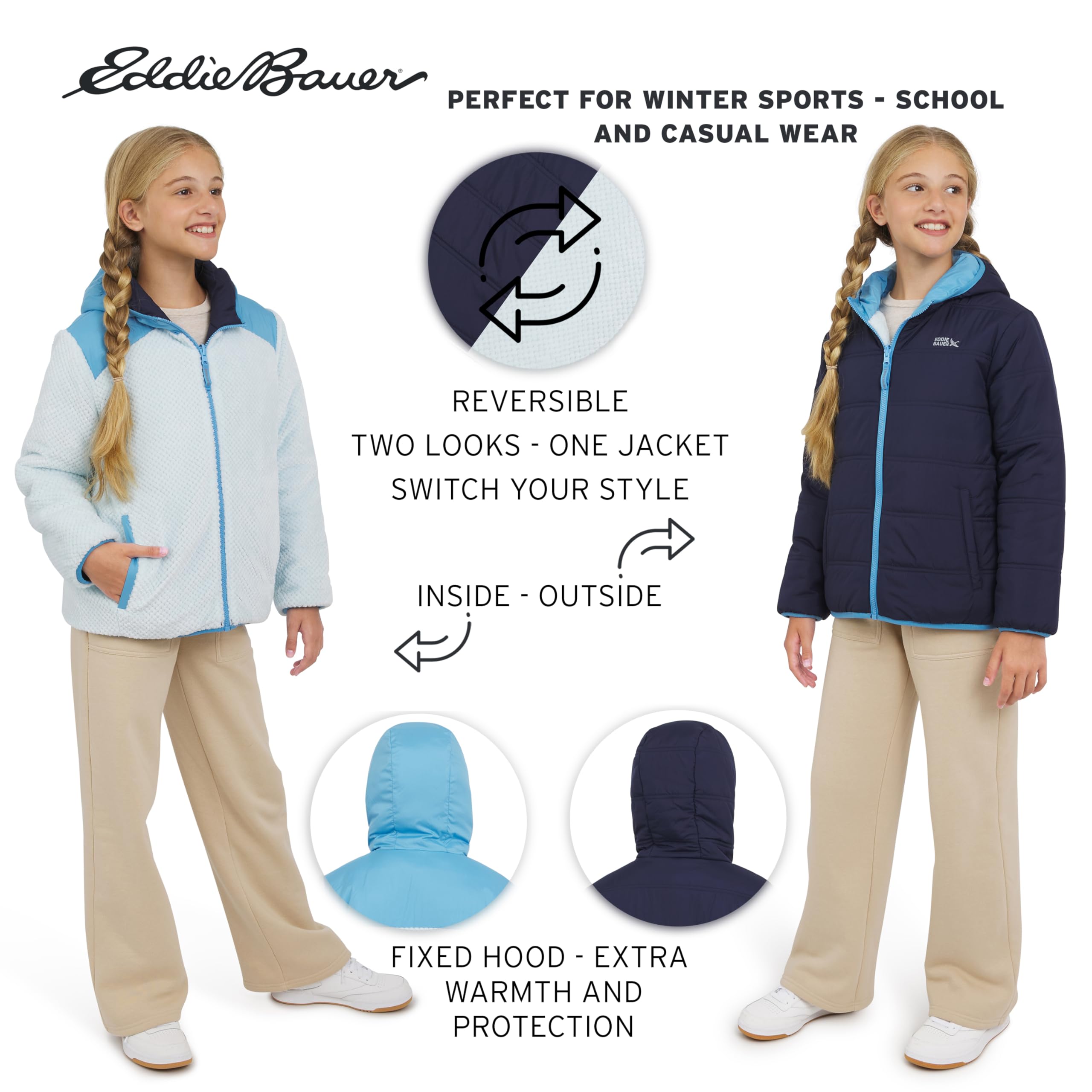 Eddie Bauer Girls' Deer Harbor Reversible Faux Fur Lined Insulated Puffer Jacket (XS-XL)