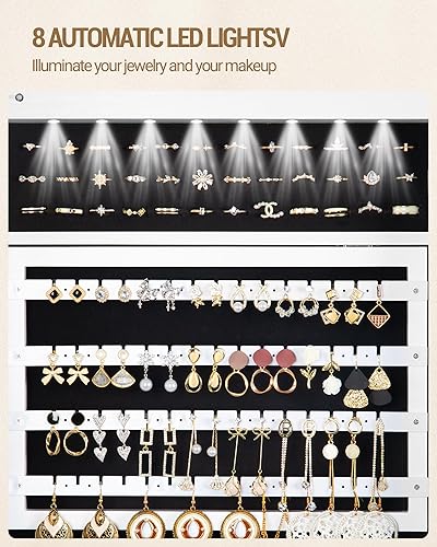 Miniatura 7 de Armario de joyería de 8 LED, organizador de joyas de 64.8 pulgadas con perchero, espejo de longitud completa con cerradura con 4 ruedas, estantes de