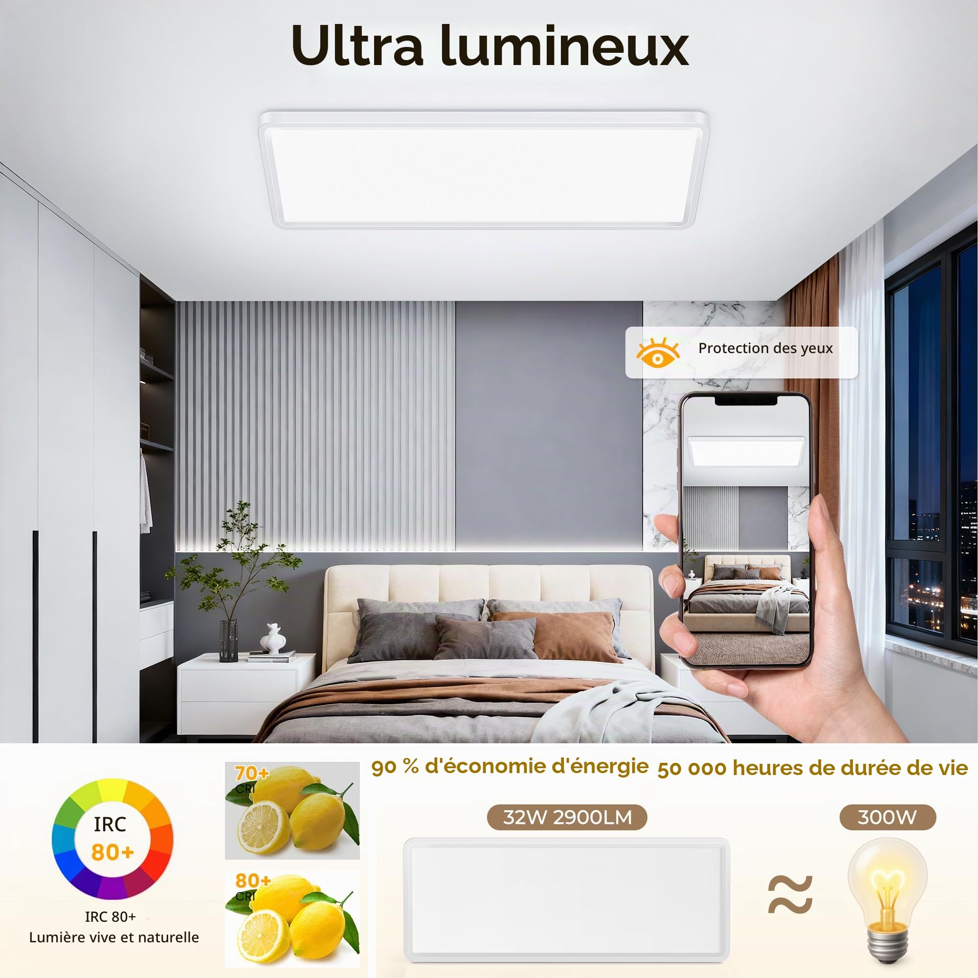 Plafonnier LED Plat, 58x22x2,9 cm Panneau LED 32W 3000LM 3000K/4000K/6500K IP44 Lampe de Cuisine Plafonnie, Lampes Plafonnier Long pour Salon Chambre Cuisine Salle de Bain Couloir, Blanc | 32 W 3000 lm 3000 K/4000 K/6500 K IP44 Plafonnier plat pour salon,