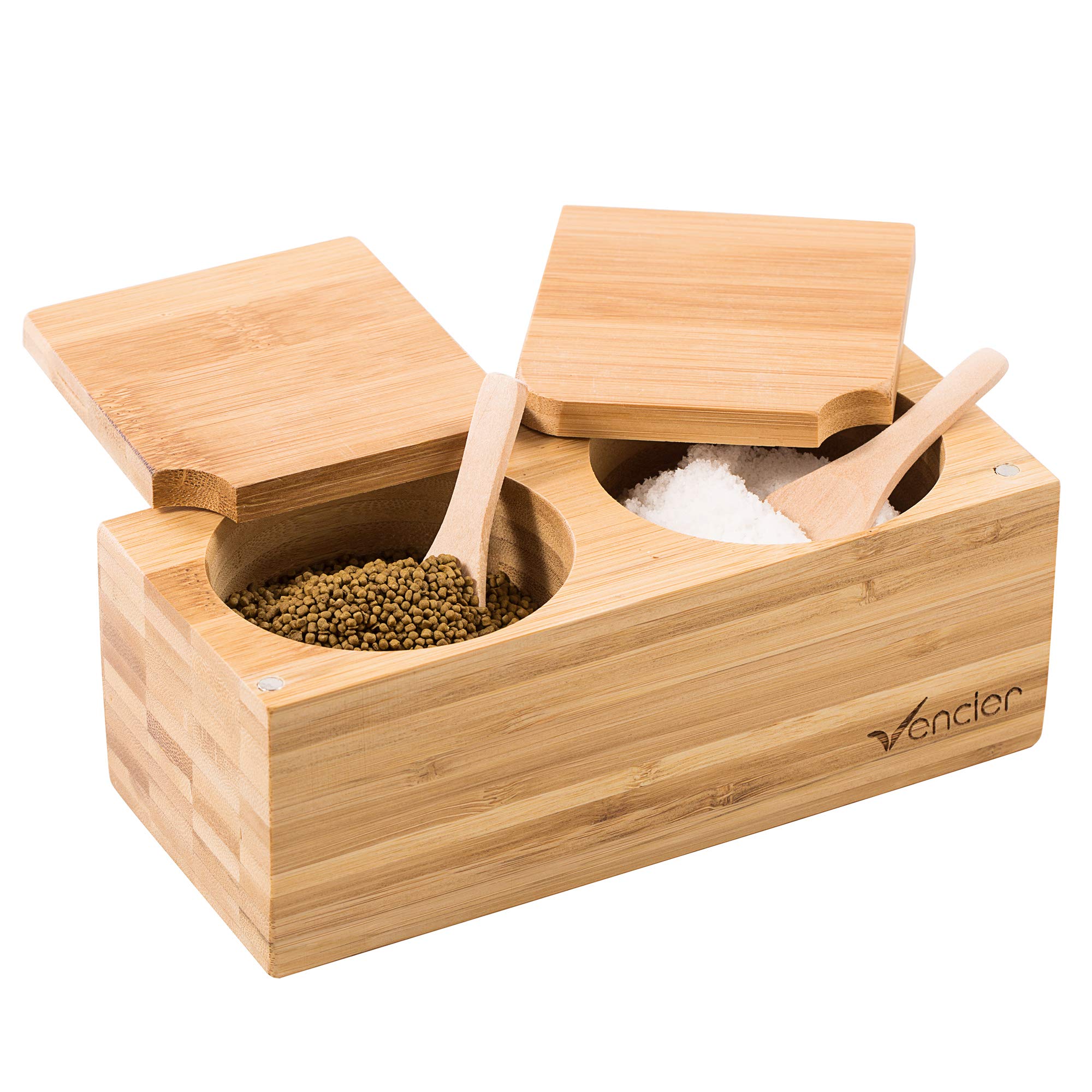 Vencier Bamboo Spice Salt & Pepper Box Magnetic Hinged Pot Includes 2 Spoons 2 Part Sectioned Wood Salt Pig for Herbs & Spices
