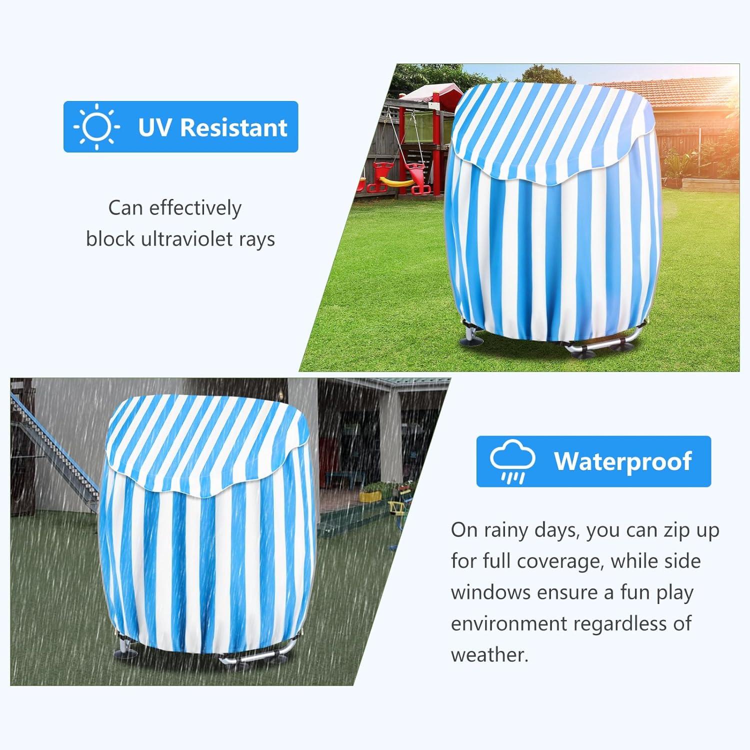 Outdoor Trampoline Covers,600D Heavy Duty Waterproof Kids Trampolines Cover,Suitable for Most 55” Circular Trampolines,Windproof Outdoor Toddler Trampoline Winter Protect Cover(Blue and white stripes)