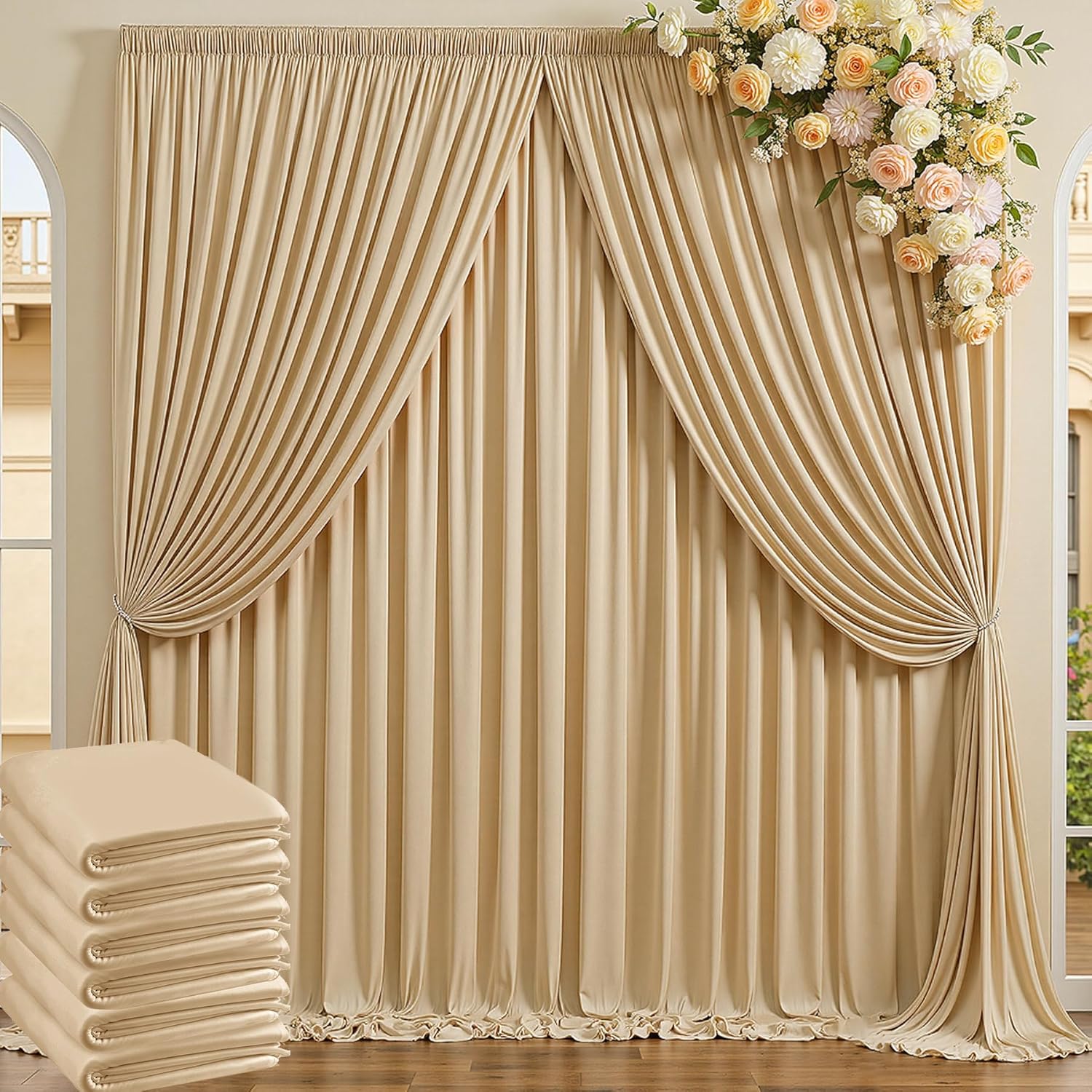 30ft x 10ft Wrinkle Free Beige Backdrop Curtains for Parties Weddings, 6 Panels 5×10ft Soft Silk Polyester Photo Backdrop Drapes for Birthday Baby Shower Baptism Photo Photography Background Cloth