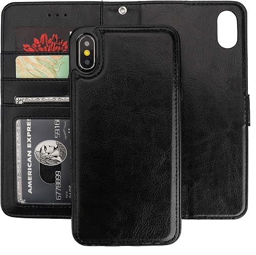 Bocasal Funda tipo cartera para iPhone Xs Max con tarjetero de piel sintética, magnética, desmontable, a prueba de golpes, correa de muñeca
