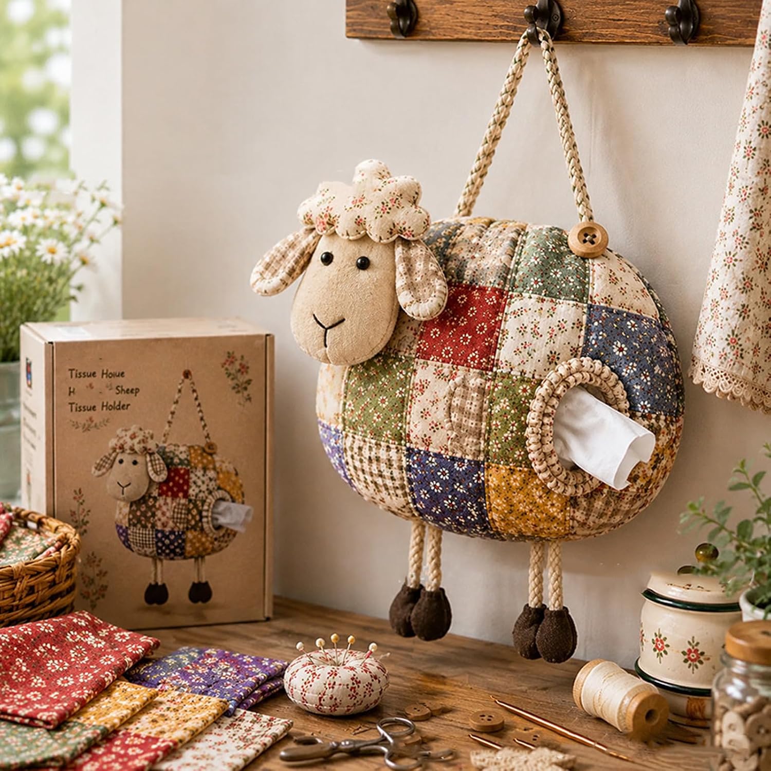 Animal Tissue Box Cover Fabric Holder with Side Opening, Rope Loop Decor for Desk Bedroom Nightstand Fabric Tissue Holder Cloth Cover Decorative Storage Patchwork Case Home Desk Bedroom Nightstand