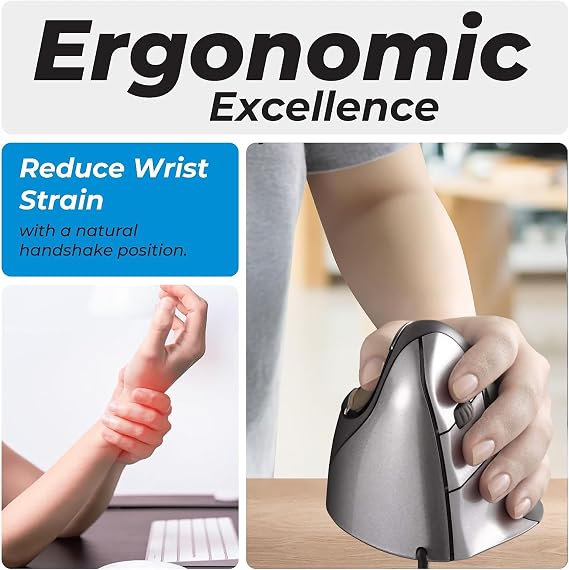 Evoluent Inventor of The Vertical Mouse VM4L Ergonomic Vertical Mouse Left Hand Wired USB, Sculpted for Comfort, Reduces Wrist Strain, 4 Speeds, 6 Customizable Buttons in Windows