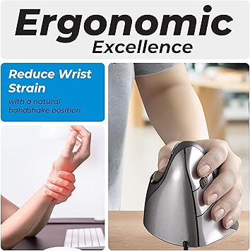 Evoluent Inventor of The Vertical Mouse VM4L Ergonomic Vertical Mouse Left Hand Wired USB, Sculpted for Comfort, Reduces Wrist Strain, 4 Speeds, 6 Customizable Buttons in Windows