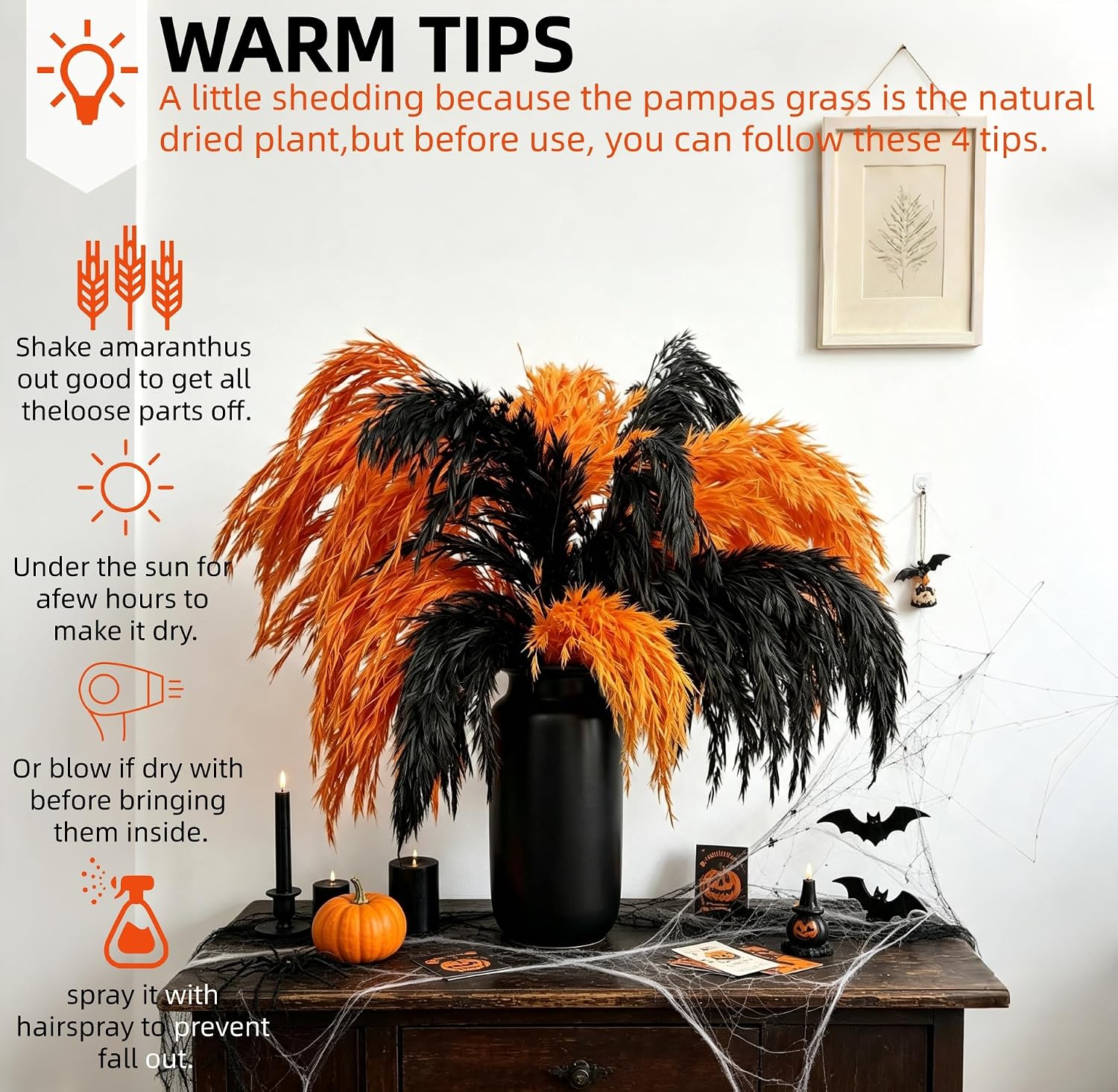 Black and Orange Pampas Grass for Halloween Decorations 17”